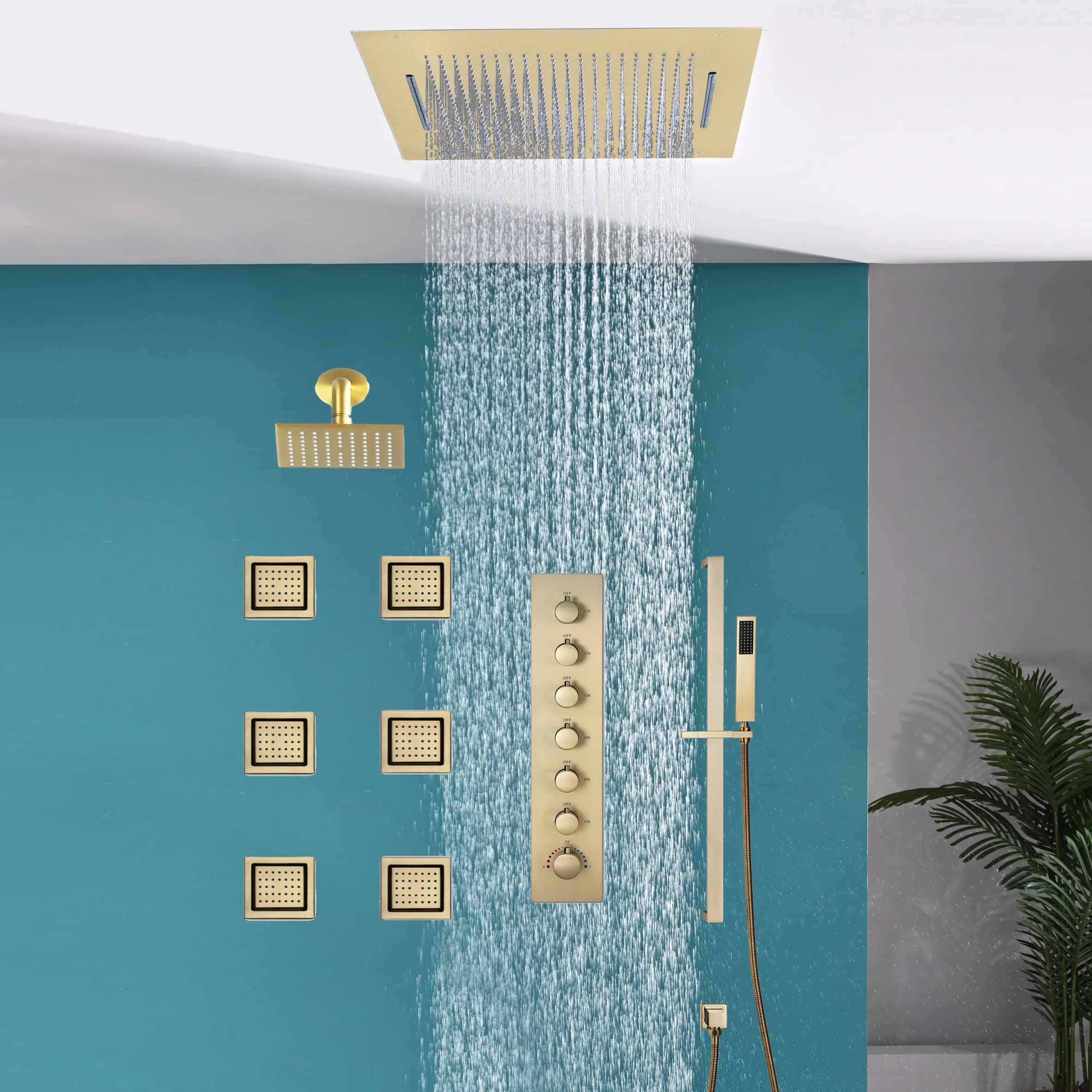 20 inch  flush-mount or ceiling mount rainfall waterfall shower systems 6 way thermostatic valve with 6 body jets and sliding bar and  regular head - Image 24