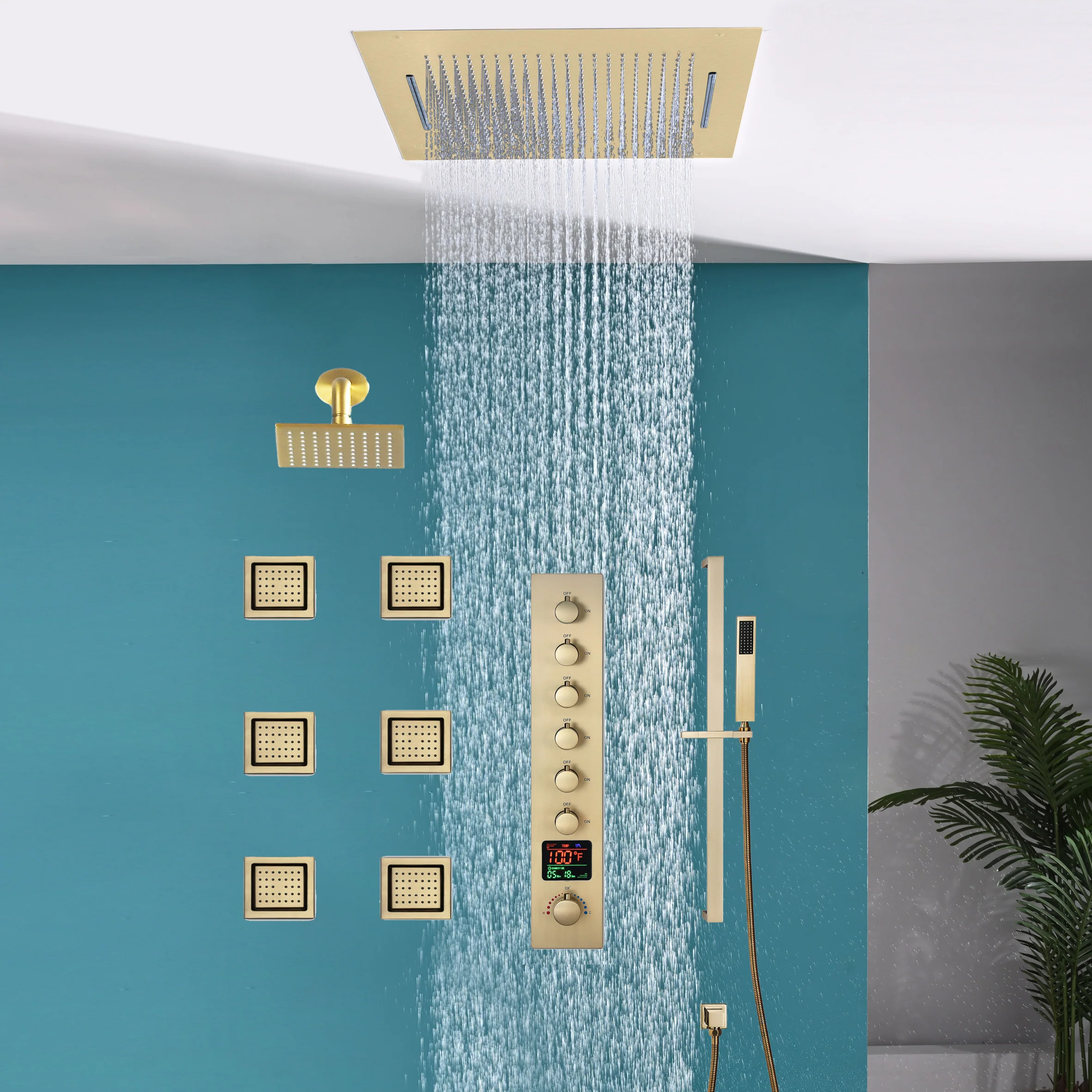 20 inch  flush-mount or ceiling mount rainfall waterfall shower systems 6 way thermostatic valve with 6 body jets and sliding bar and  regular head - Image 25