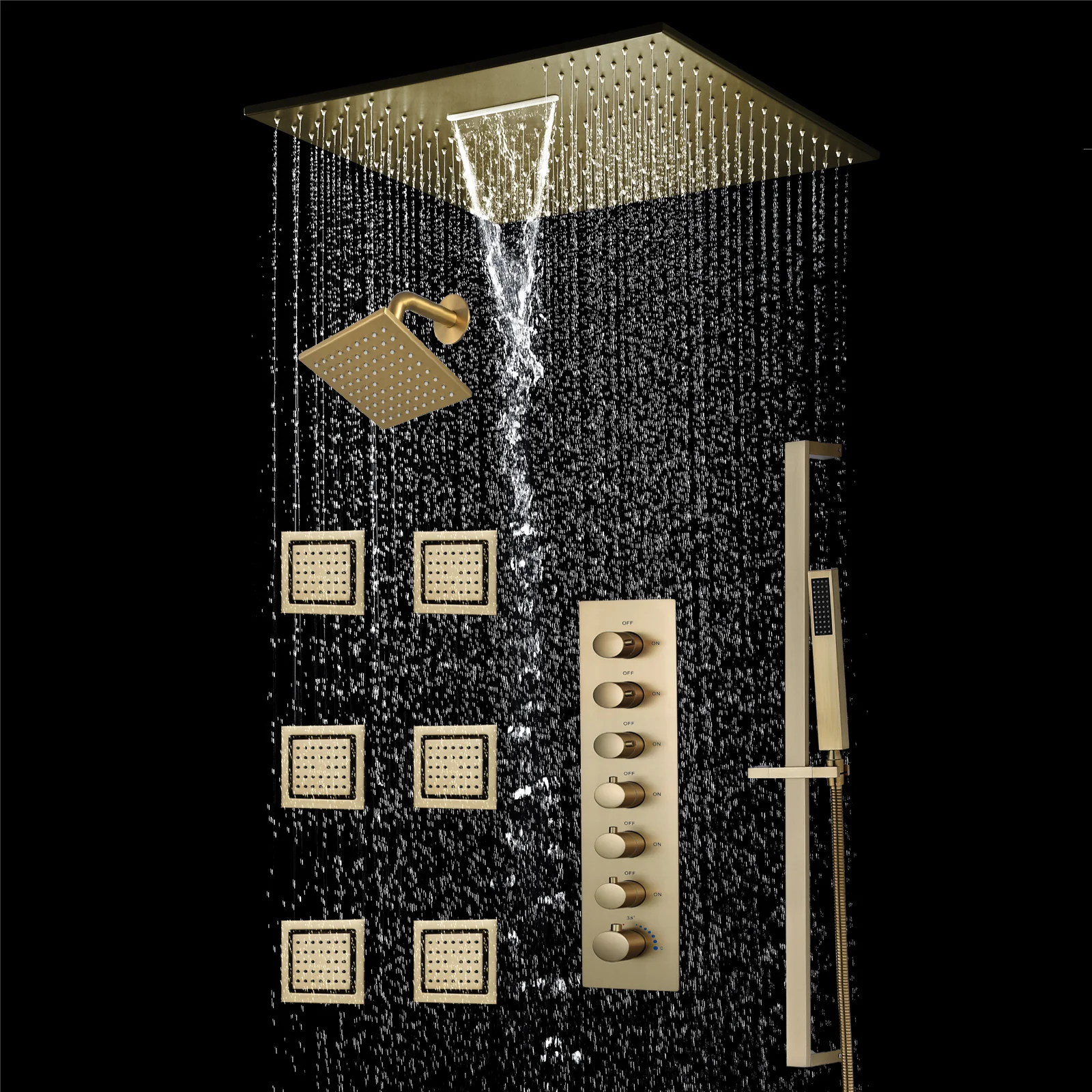20 inch  flush-mount or ceiling mount rainfall waterfall shower systems 6 way thermostatic valve with 6 body jets and sliding bar and  regular head - Image 26