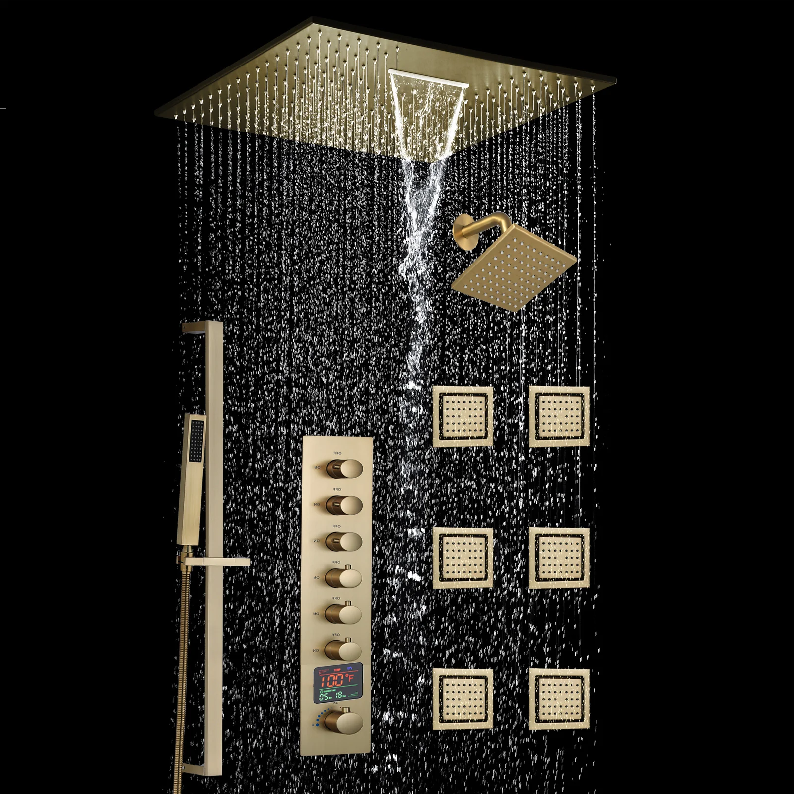 20 inch  flush-mount or ceiling mount rainfall waterfall shower systems 6 way thermostatic valve with 6 body jets and sliding bar and  regular head - Image 27