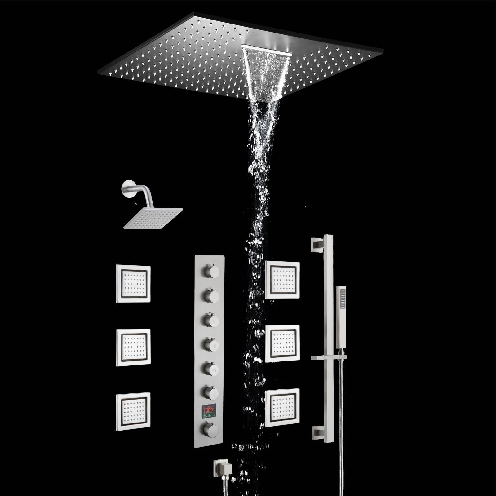 20 inch  flush-mount or ceiling mount rainfall waterfall shower systems 6 way thermostatic valve with 6 body jets and sliding bar and  regular head - Image 3
