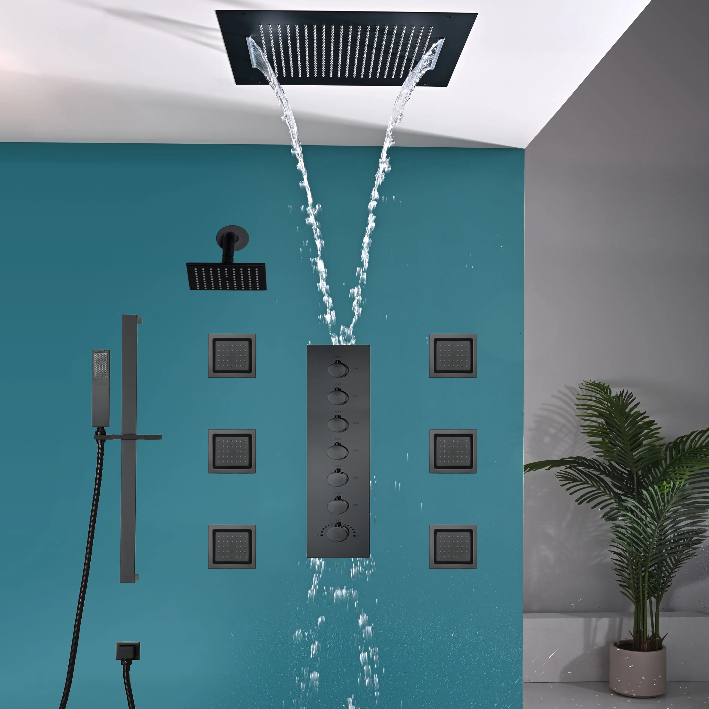 20 inch  flush-mount or ceiling mount rainfall waterfall shower systems 6 way thermostatic valve with 6 body jets and sliding bar and  regular head - Image 35