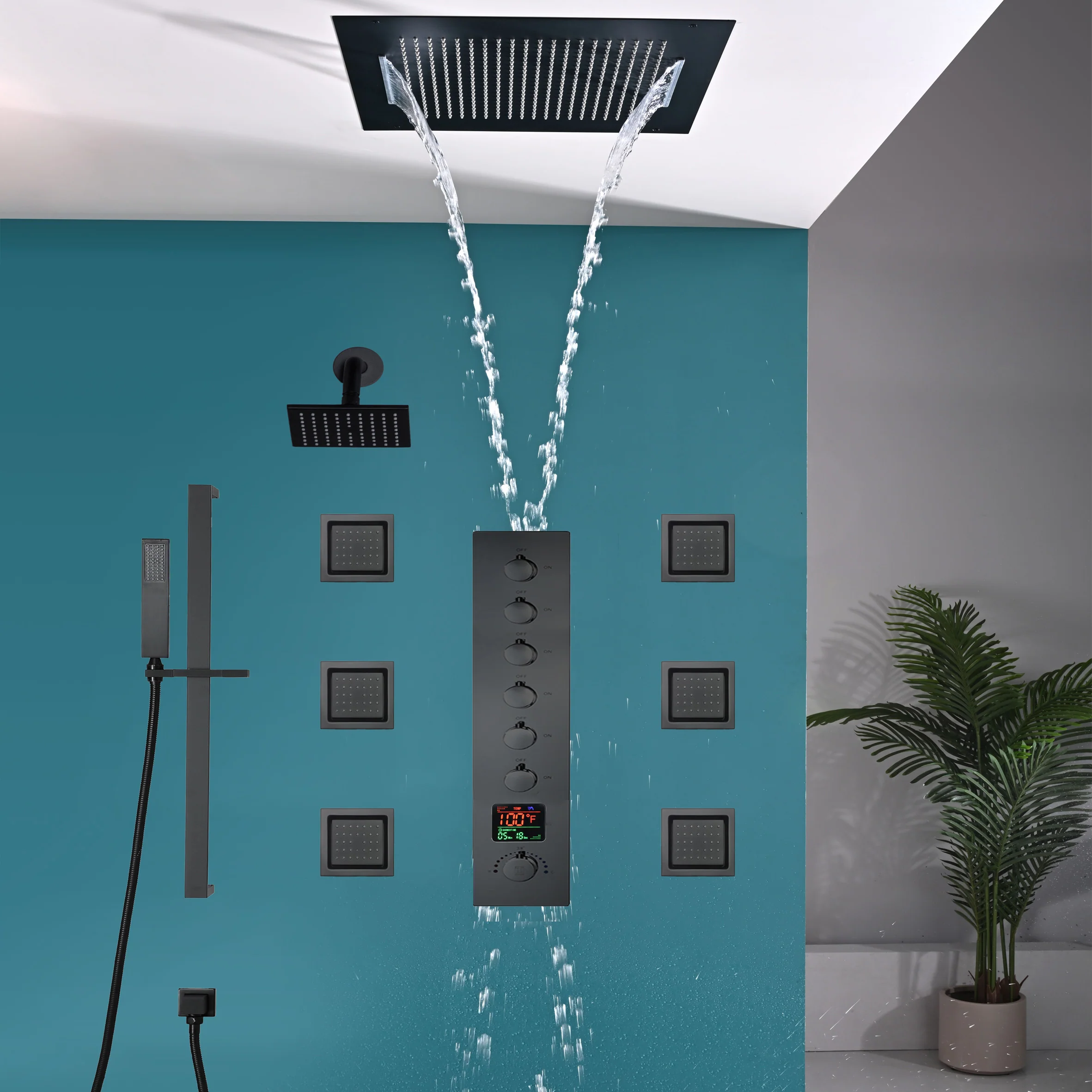 20 inch  flush-mount or ceiling mount rainfall waterfall shower systems 6 way thermostatic valve with 6 body jets and sliding bar and  regular head - Image 36