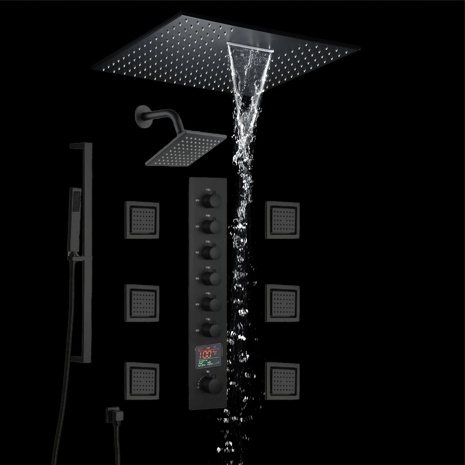 20 inch  flush-mount or ceiling mount rainfall waterfall shower systems 6 way thermostatic valve with 6 body jets and sliding bar and  regular head - Image 37