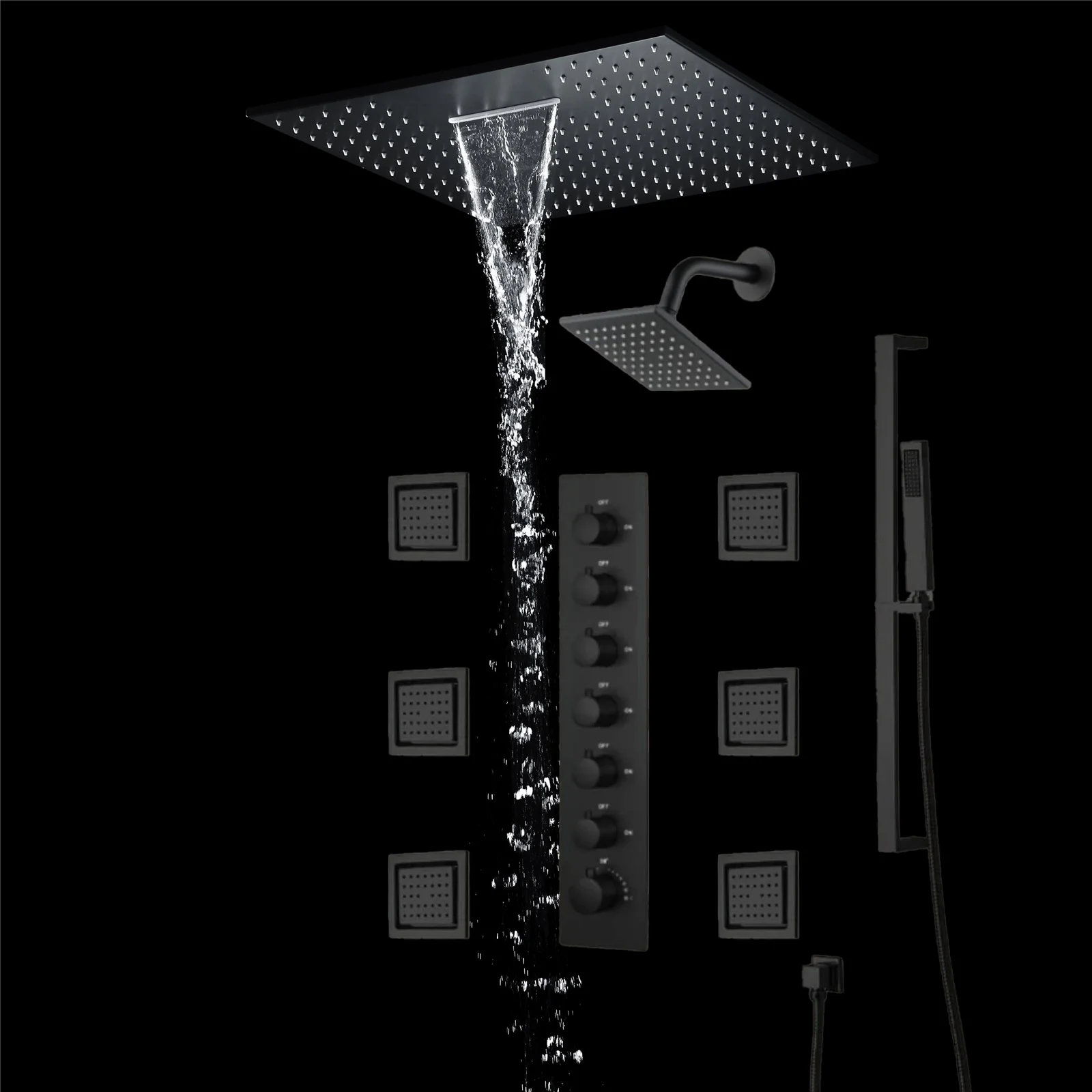 20 inch  flush-mount or ceiling mount rainfall waterfall shower systems 6 way thermostatic valve with 6 body jets and sliding bar and  regular head - Image 38