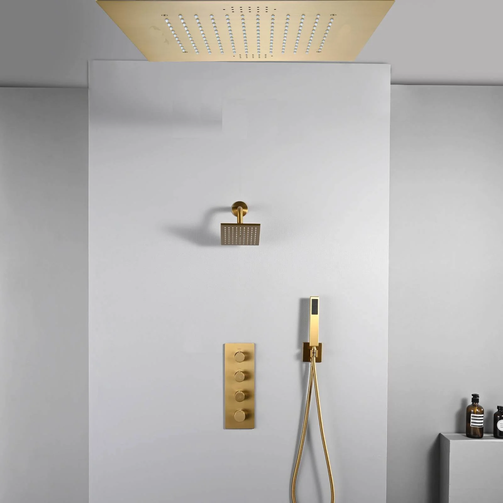 20 inch ceiling or flush mount Brushed gold 3 way thermostatic shower faucet with high pressure 6 '' head and handle sprayer - Image 10