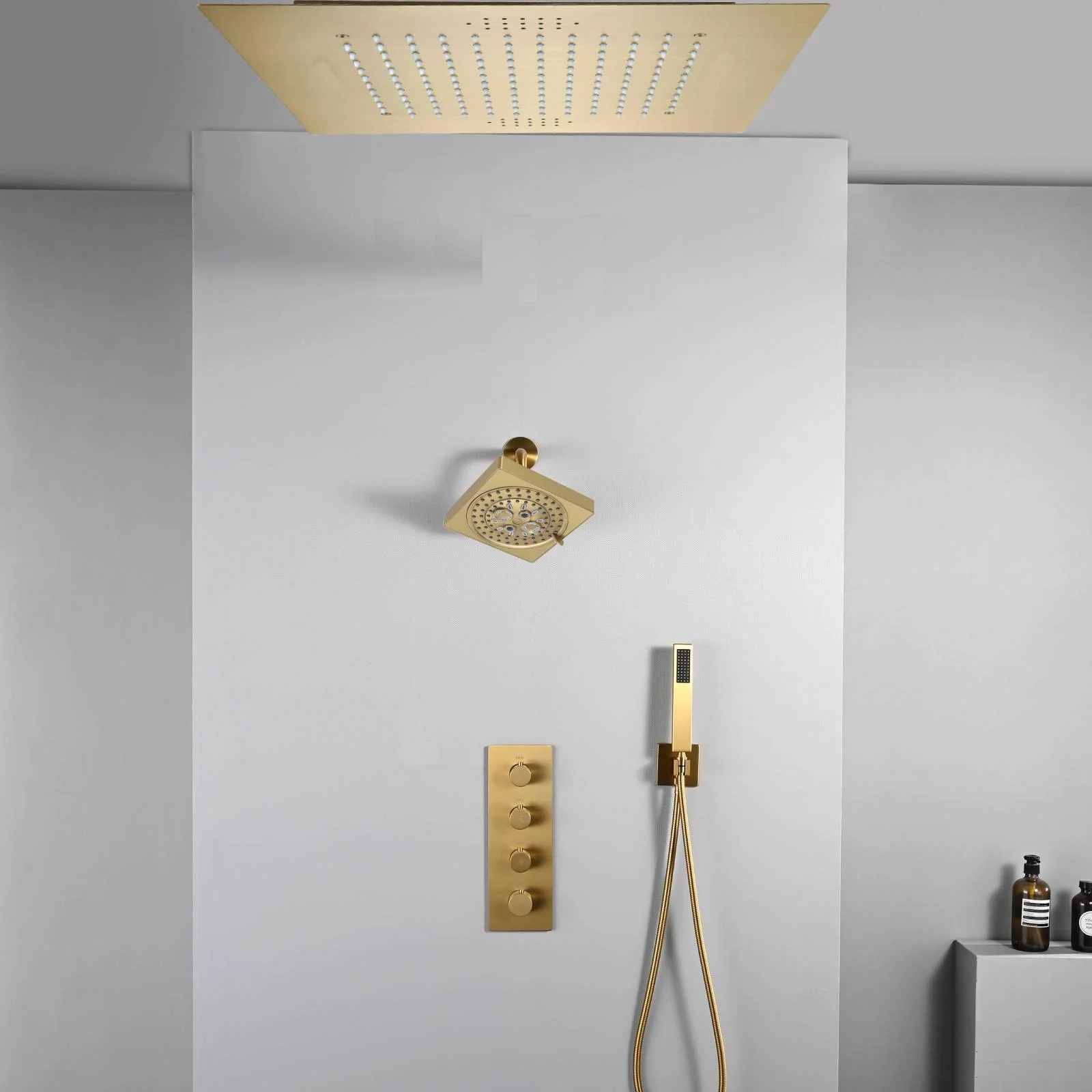 20 inch ceiling or flush mount Brushed gold 3 way thermostatic shower faucet with high pressure 6 '' head and handle sprayer - Image 11