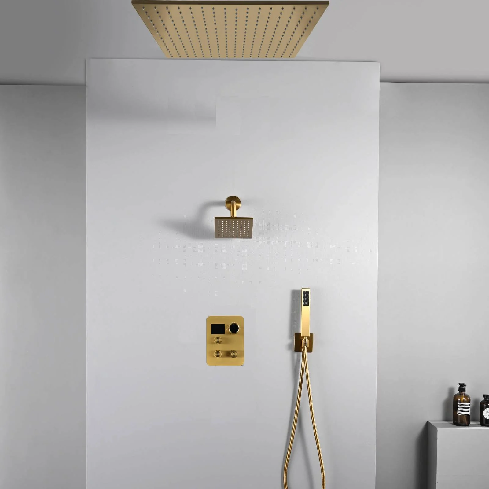 20 inch ceiling or flush mount Brushed gold 3 way thermostatic shower faucet with high pressure 6 '' head and handle sprayer - Image 3