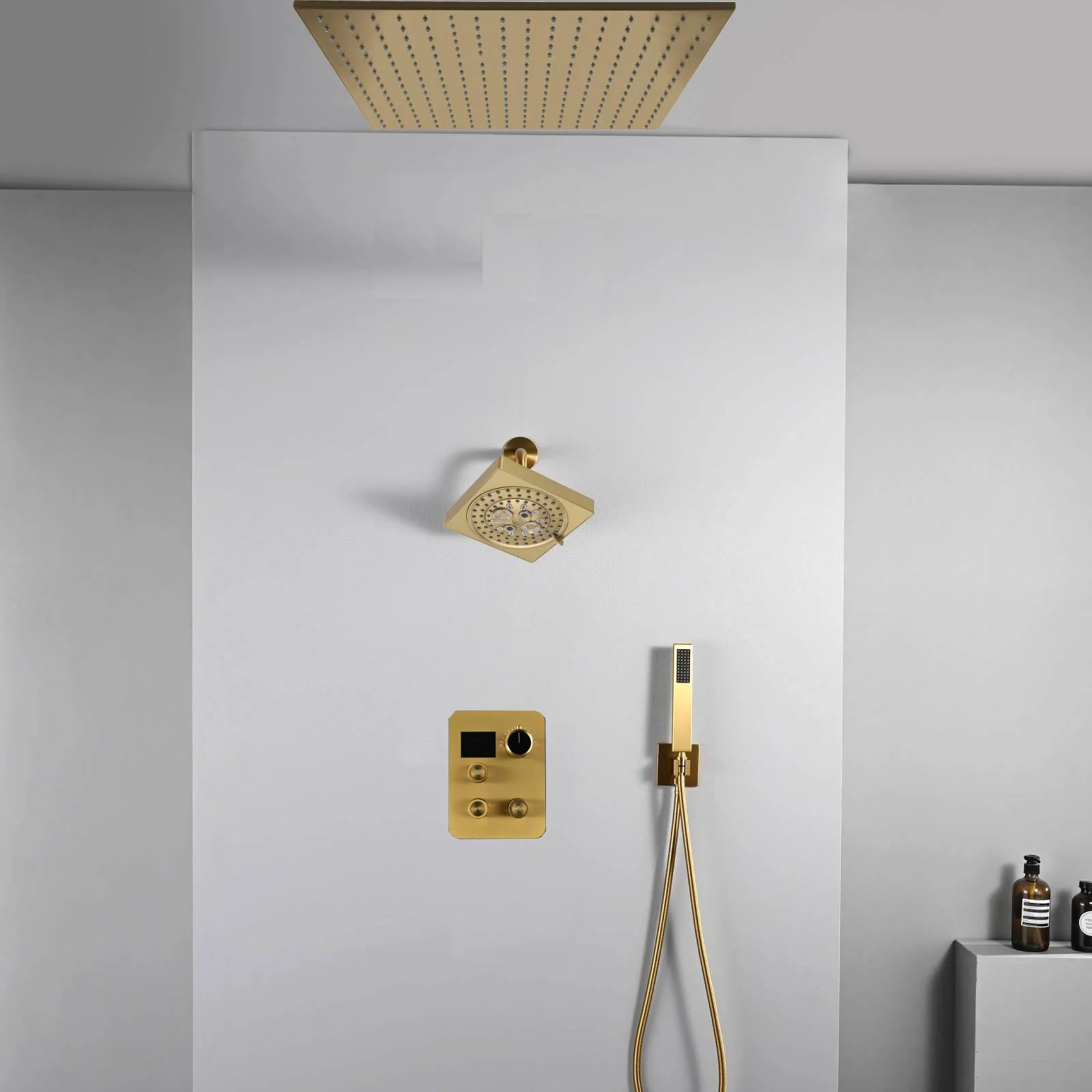 20 inch ceiling or flush mount Brushed gold 3 way thermostatic shower faucet with high pressure 6 '' head and handle sprayer - Image 4
