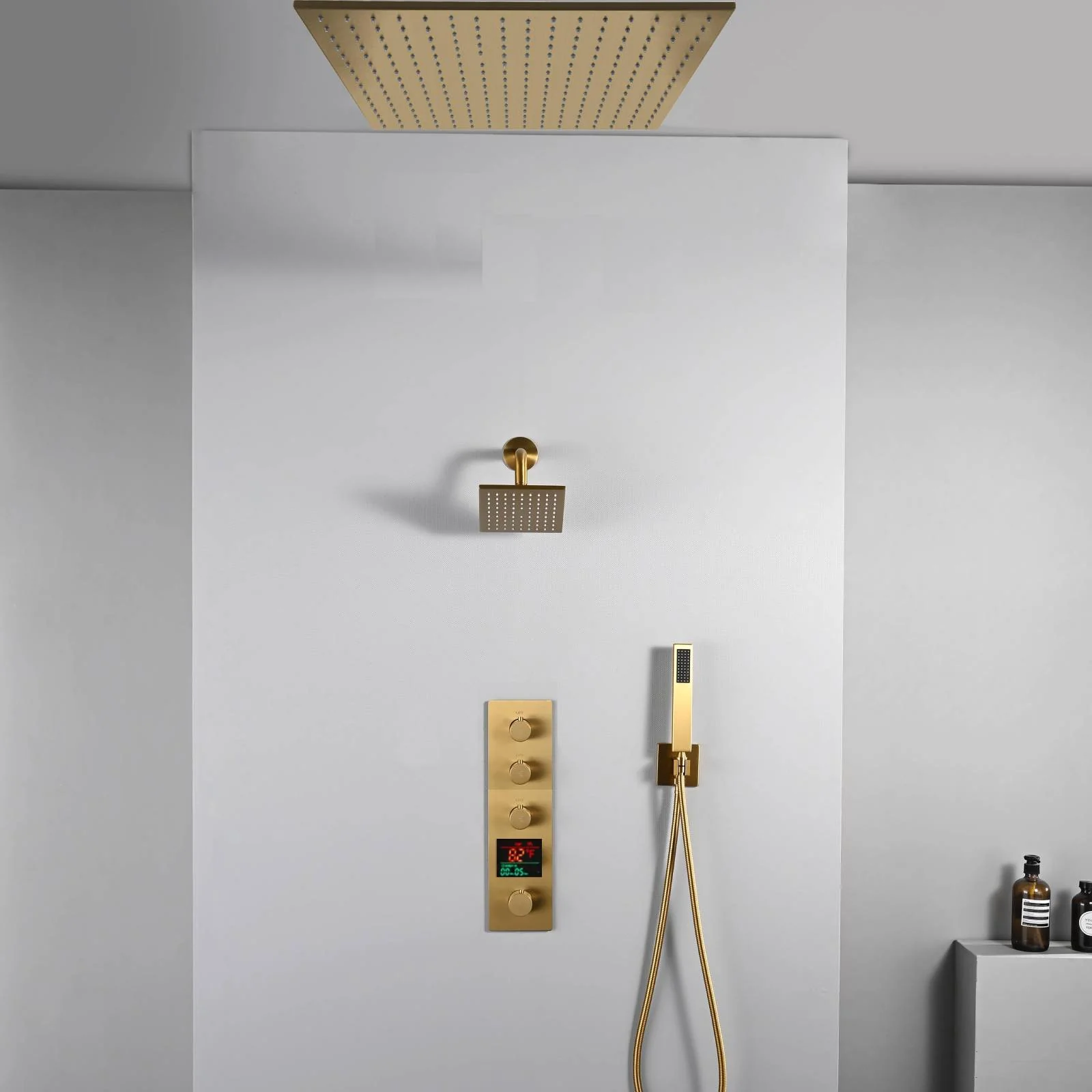20 inch ceiling or flush mount Brushed gold 3 way thermostatic shower faucet with high pressure 6 '' head and handle sprayer - Image 5