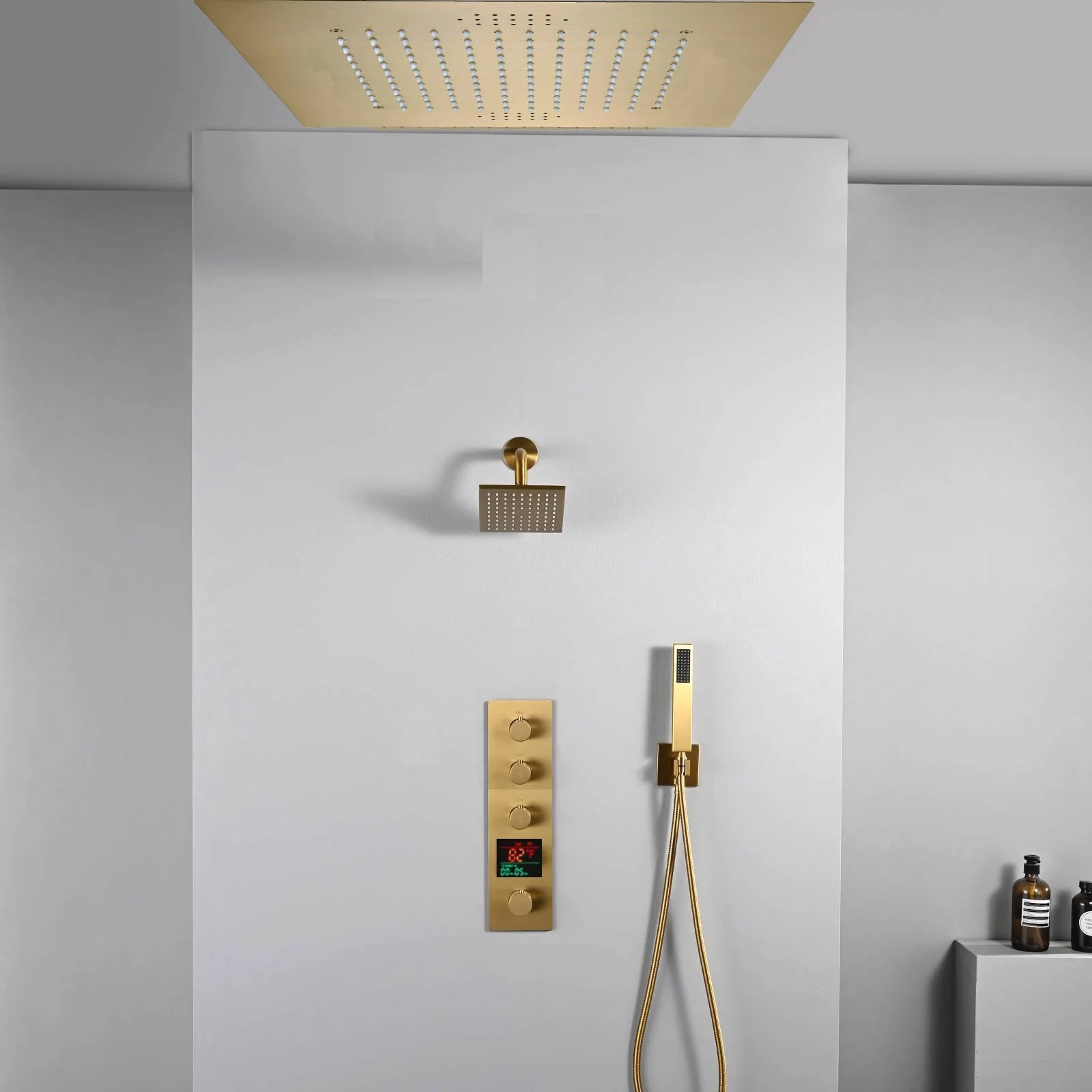 20 inch ceiling or flush mount Brushed gold 3 way thermostatic shower faucet with high pressure 6 '' head and handle sprayer - Image 6
