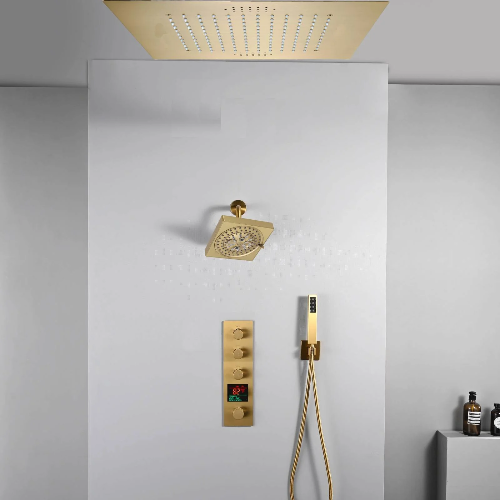 20 inch ceiling or flush mount Brushed gold 3 way thermostatic shower faucet with high pressure 6 '' head and handle sprayer - Image 7