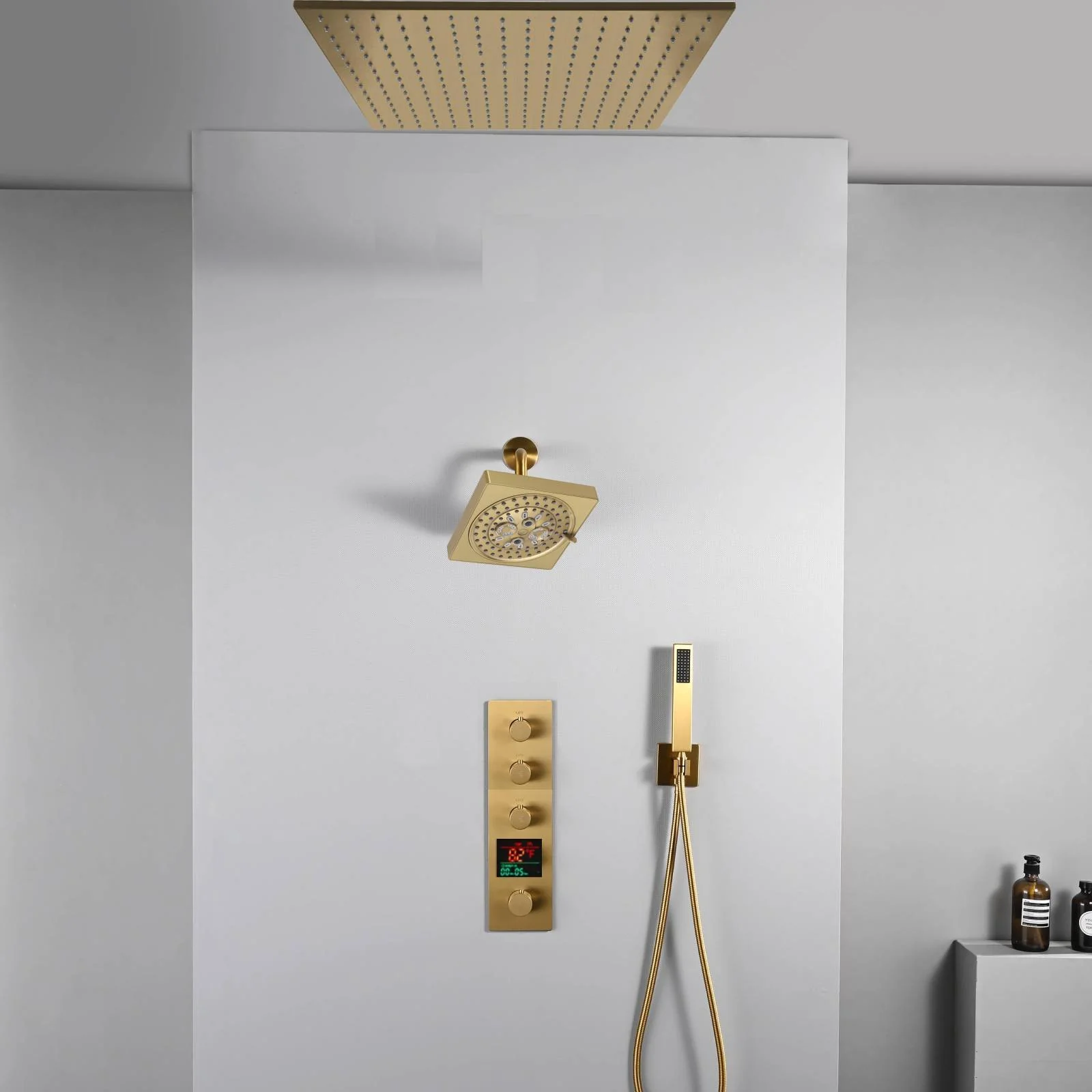 20 inch ceiling or flush mount Brushed gold 3 way thermostatic shower faucet with high pressure 6 '' head and handle sprayer - Image 8