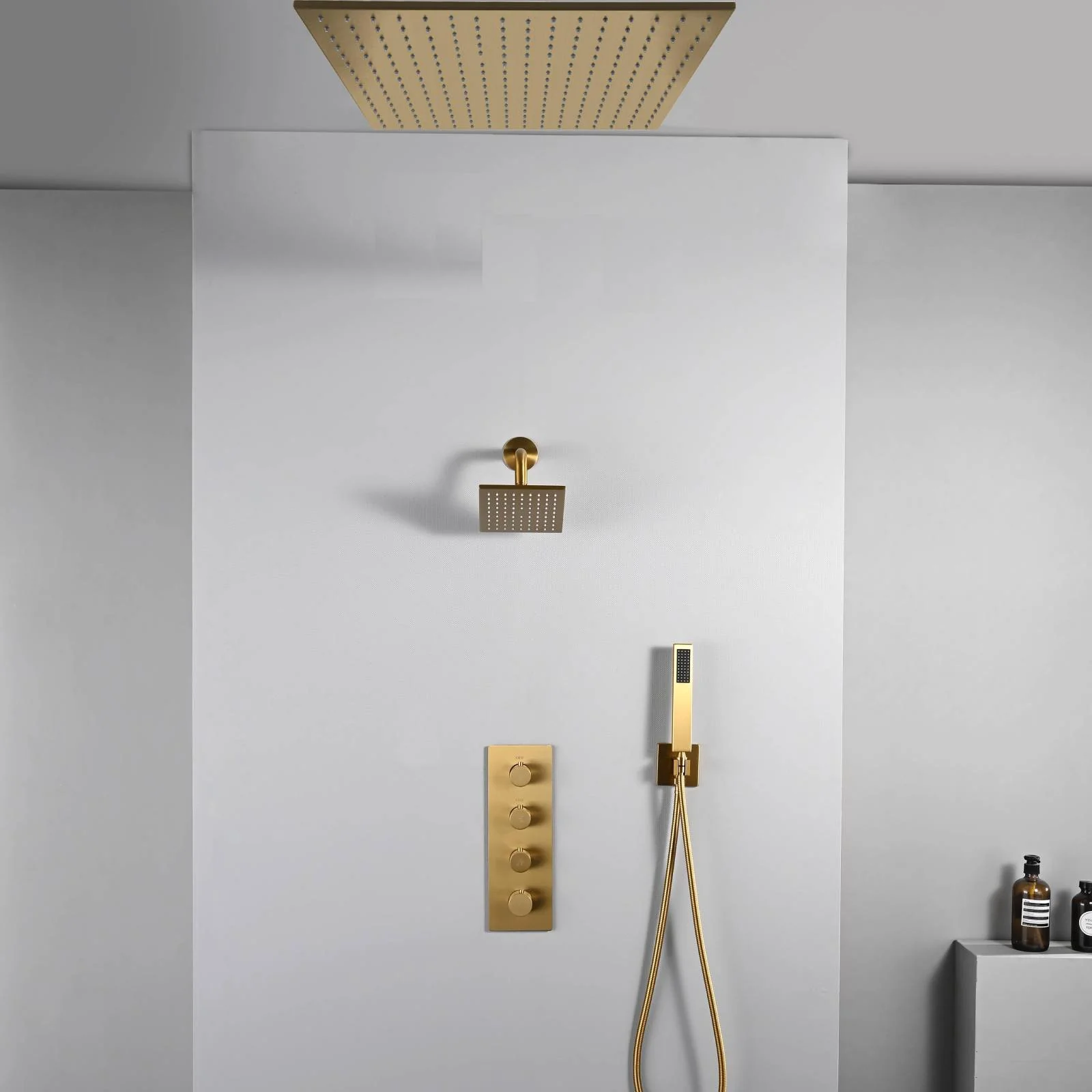 20 inch ceiling or flush mount Brushed gold 3 way thermostatic shower faucet with high pressure 6 '' head and handle sprayer - Image 9