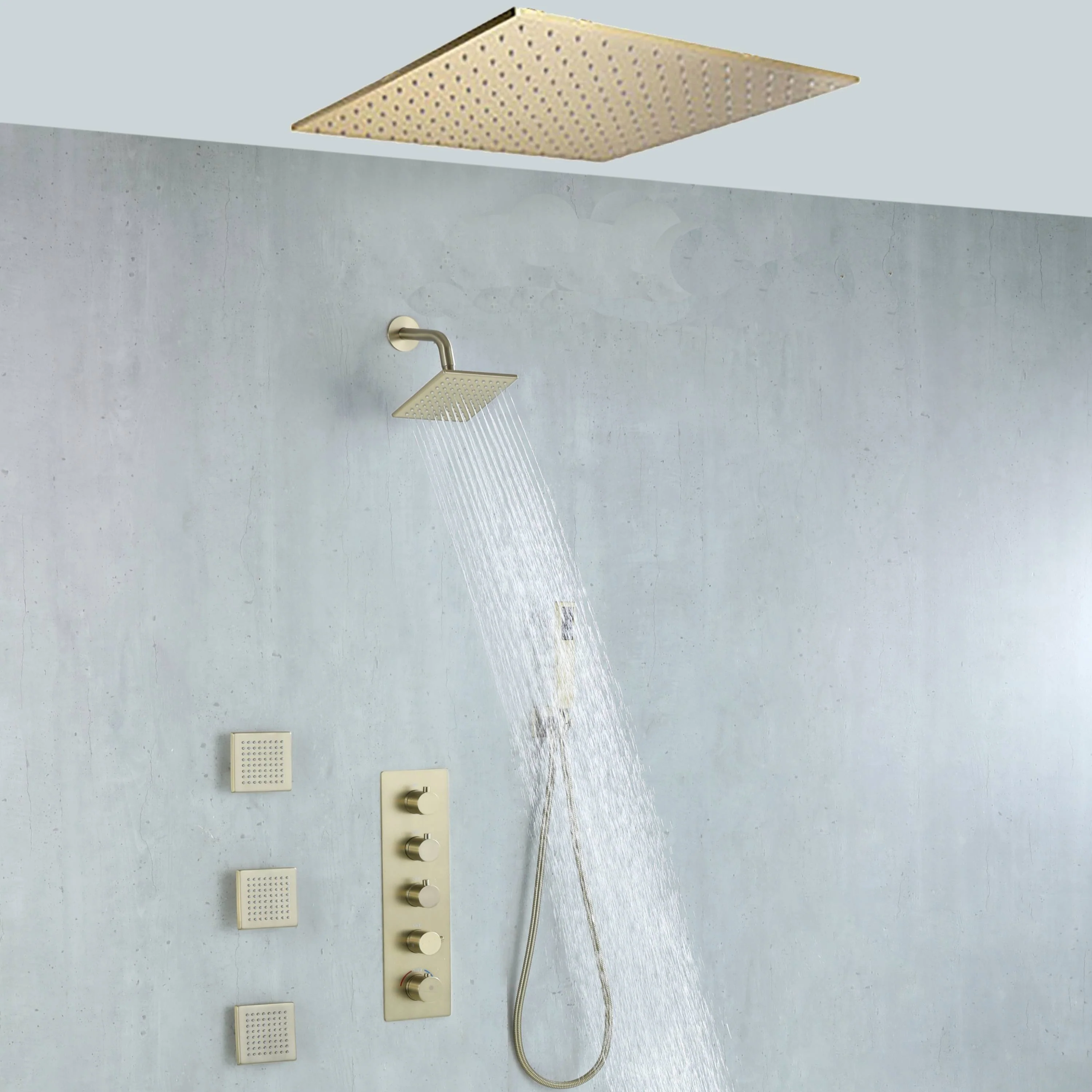 20 inch ceiling mount Brushed gold 4 way thermostatic shower faucet with high pressure 6 '' head and 4 inch body jets and handle sprayer