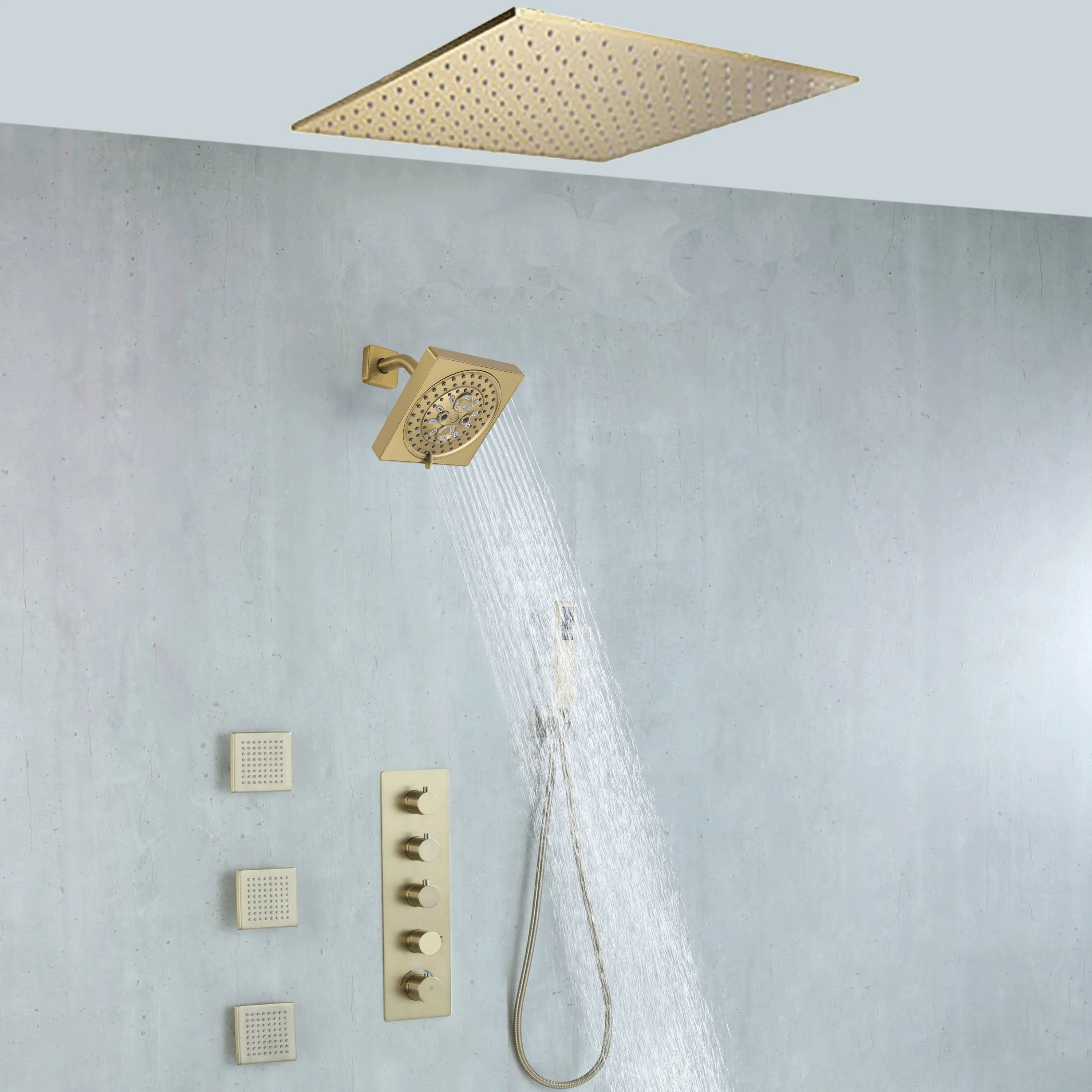 20 inch ceiling mount Brushed gold 4 way thermostatic shower faucet with high pressure 6 '' head and 4 inch body jets and handle sprayer - Image 2