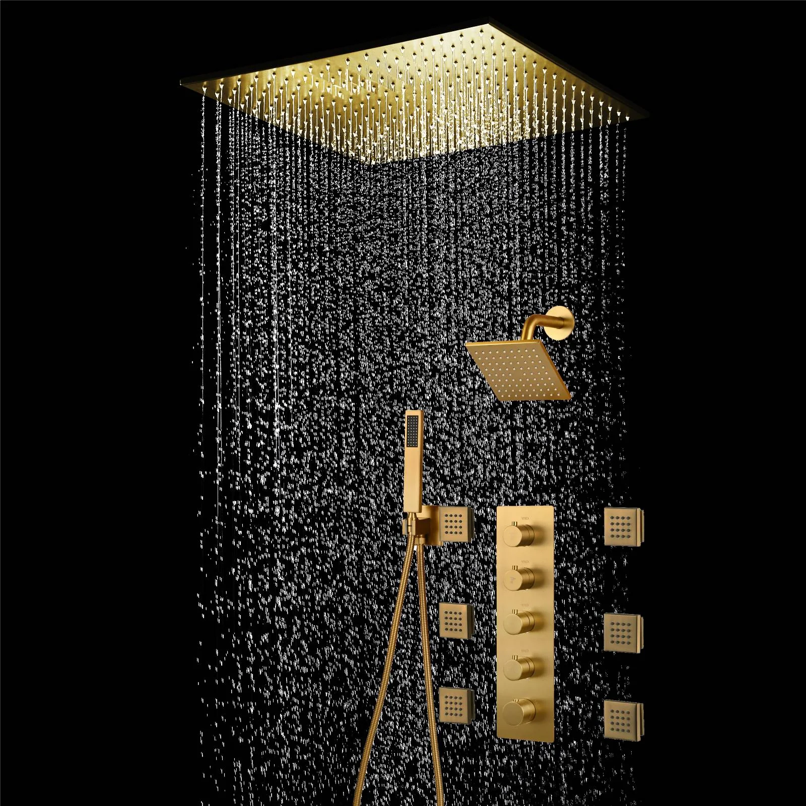 20 inch ceiling mount Brushed gold 4 way thermostatic shower faucet with high pressure 6 '' head and 4 inch body jets and handle sprayer - Image 3