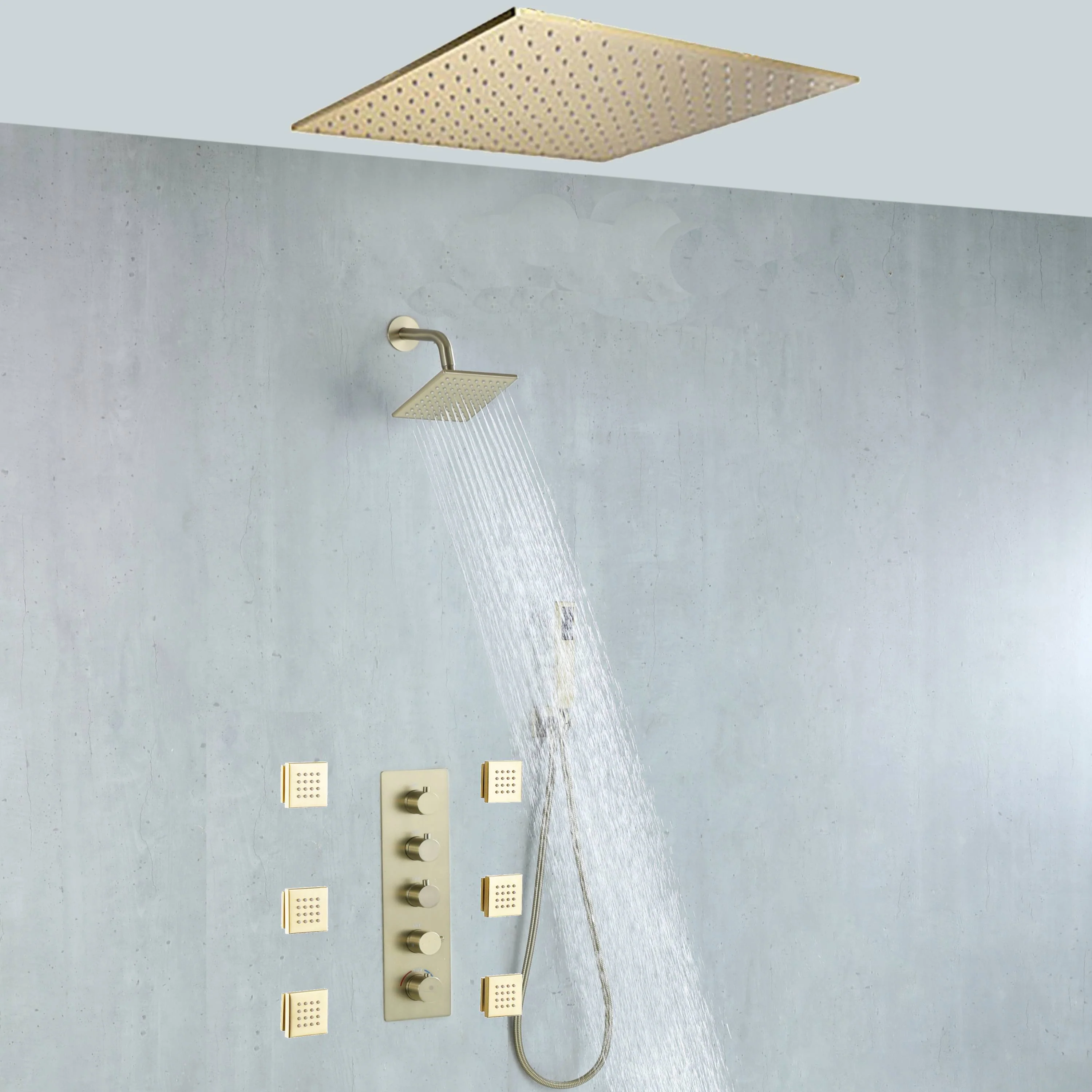 20 inch ceiling mount Brushed gold 4 way thermostatic shower faucet with high pressure 6 '' head and 4 inch body jets and handle sprayer - Image 4