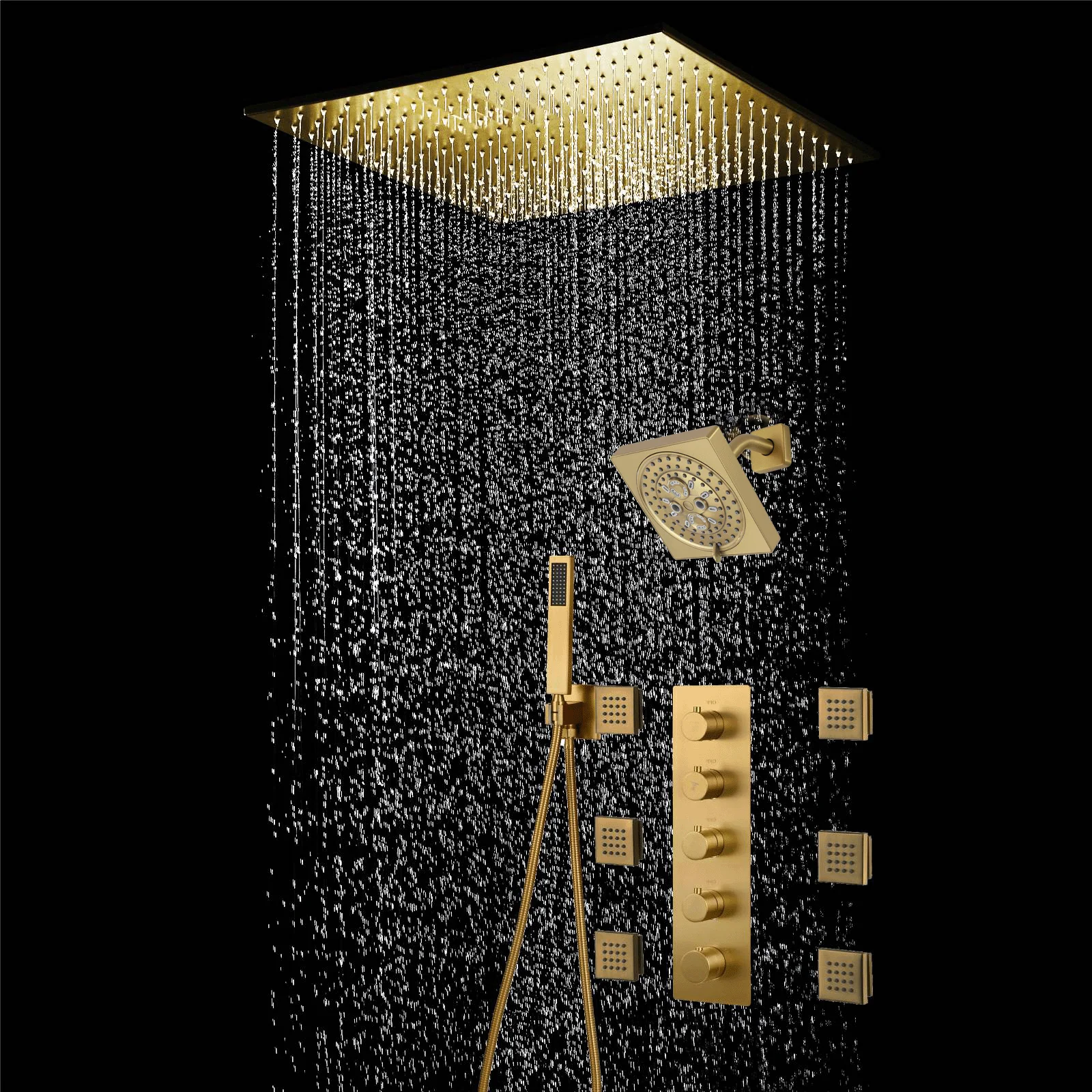 20 inch ceiling mount Brushed gold 4 way thermostatic shower faucet with high pressure 6 '' head and 4 inch body jets and handle sprayer - Image 5