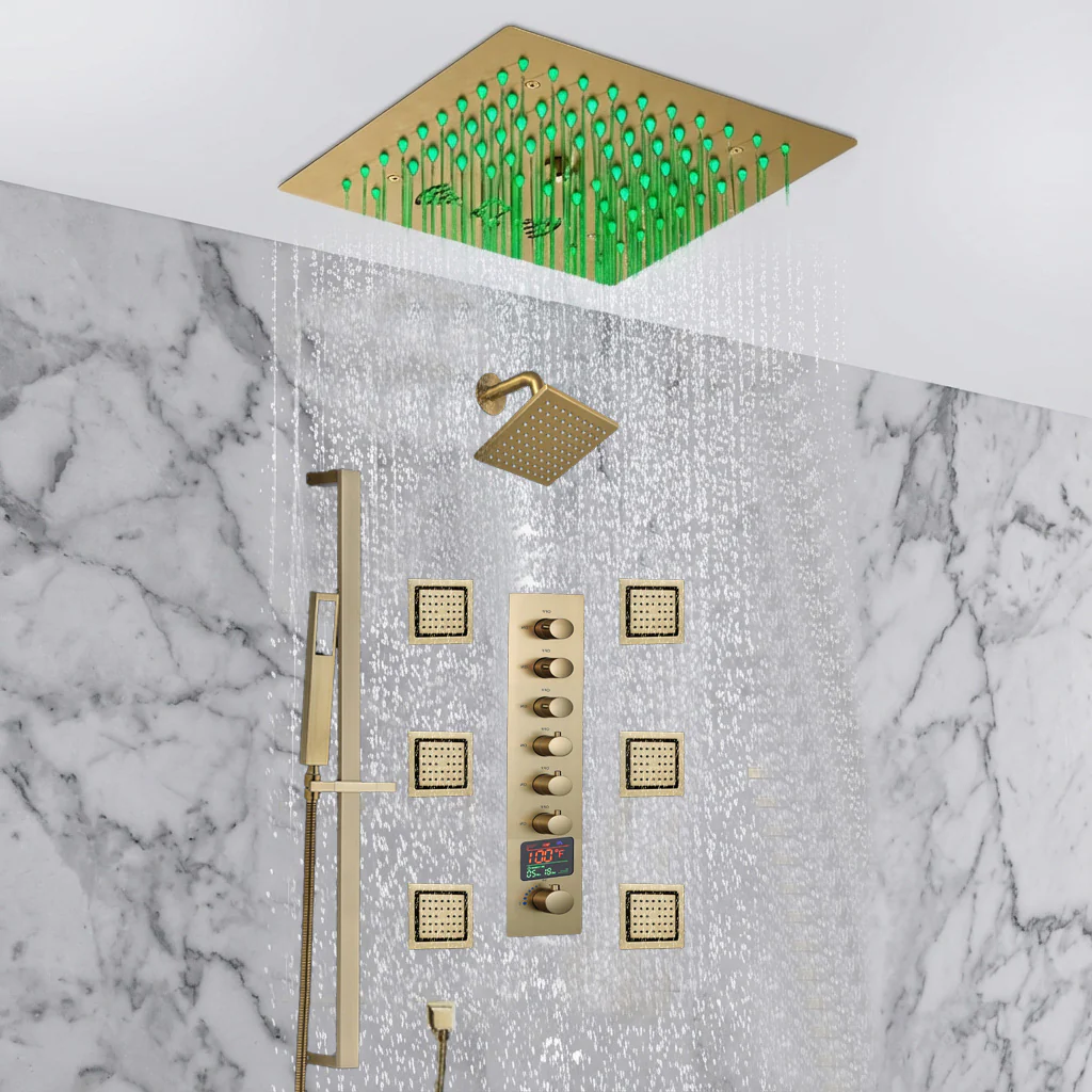 12 inch  flush-mount rainfall Mist shower systems 6 way thermostatic valve with 6 body jets and sliding bar and  regular head - Image 17
