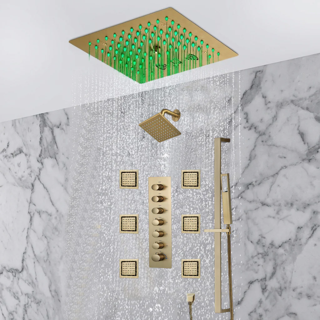 12 inch  flush-mount rainfall Mist shower systems 6 way thermostatic valve with 6 body jets and sliding bar and  regular head - Image 18