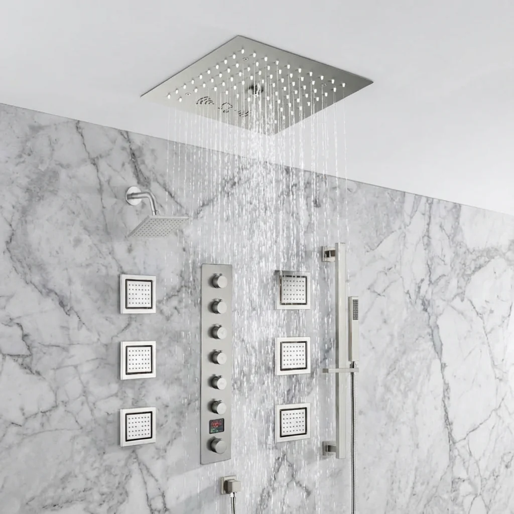 12 inch  flush-mount rainfall Mist shower systems 6 way thermostatic valve with 6 body jets and sliding bar and  regular head - Image 2