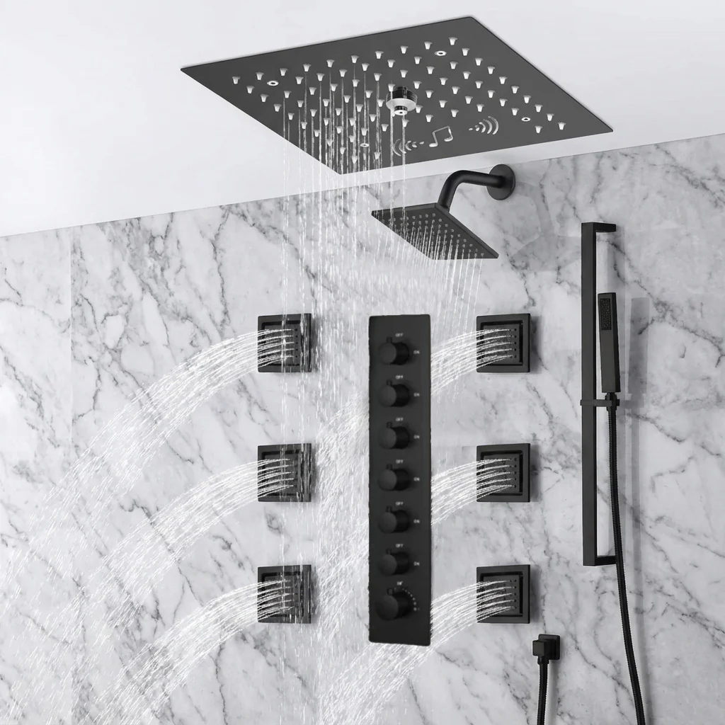 12 inch  flush-mount rainfall Mist shower systems 6 way thermostatic valve with 6 body jets and sliding bar and  regular head - Image 25