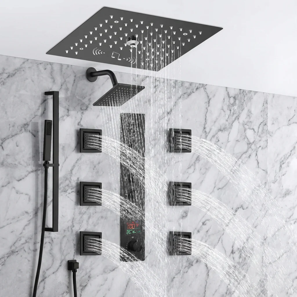 12 inch  flush-mount rainfall Mist shower systems 6 way thermostatic valve with 6 body jets and sliding bar and  regular head - Image 26