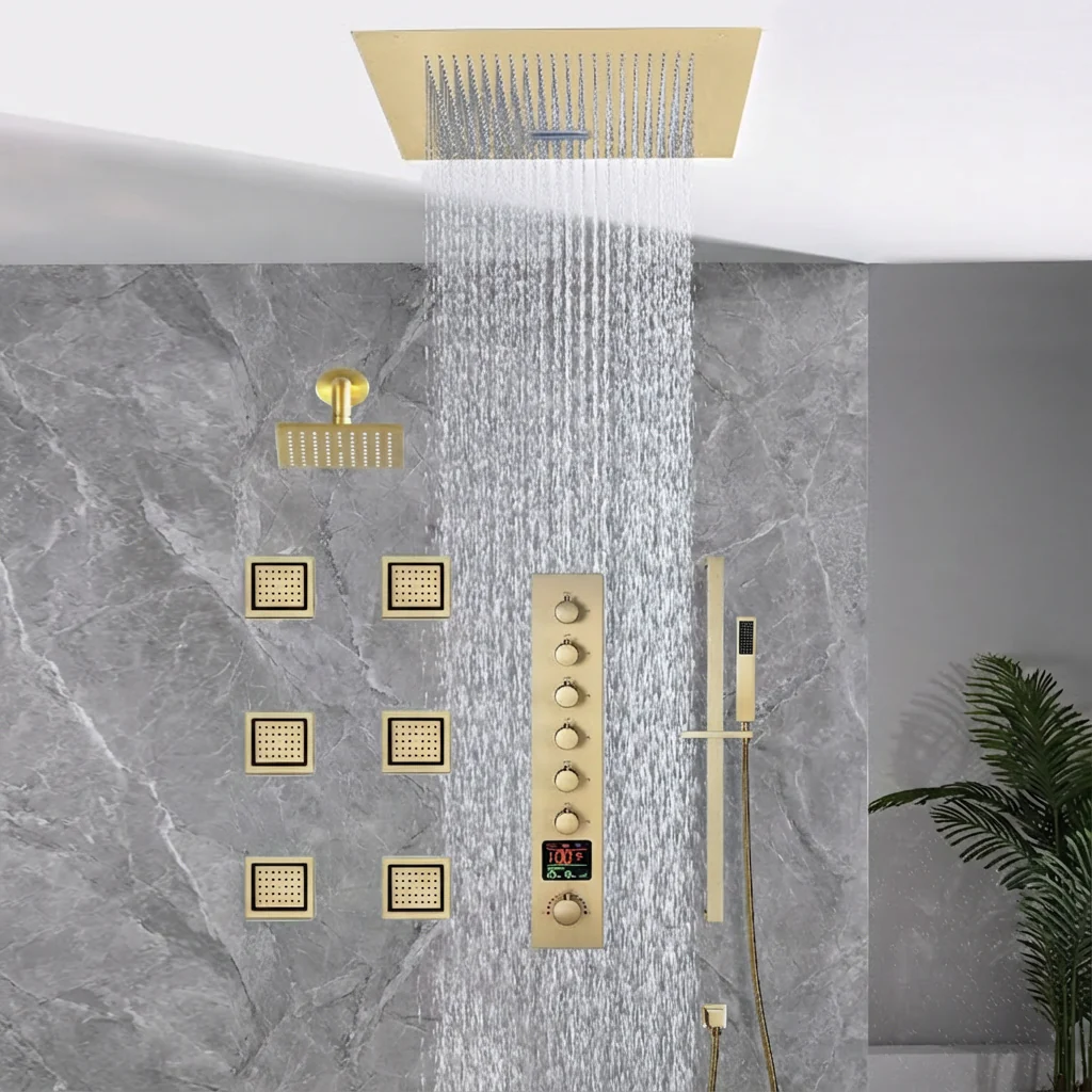 16 inch  flush-mount or ceiling mount rainfall waterfall shower systems 6 way thermostatic valve with 6 body jets and sliding bar and  regular head - Image 16
