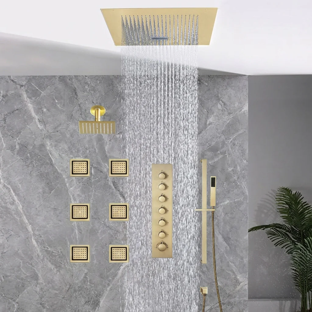 16 inch  flush-mount or ceiling mount rainfall waterfall shower systems 6 way thermostatic valve with 6 body jets and sliding bar and  regular head - Image 17