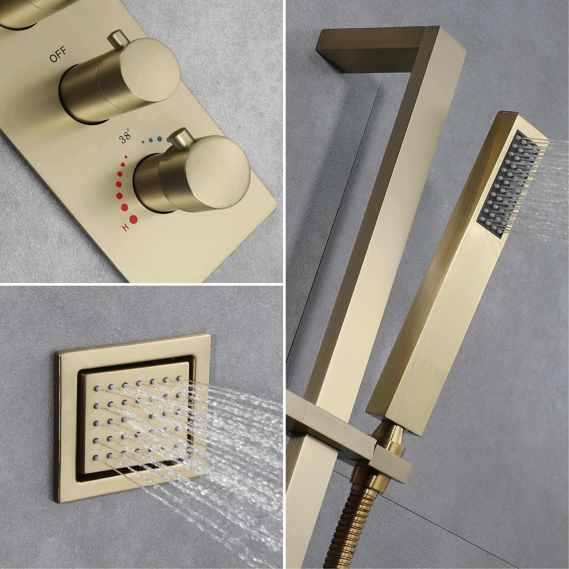 16 inch  flush-mount or ceiling mount rainfall waterfall shower systems 6 way thermostatic valve with 6 body jets and sliding bar and  regular head - Image 18