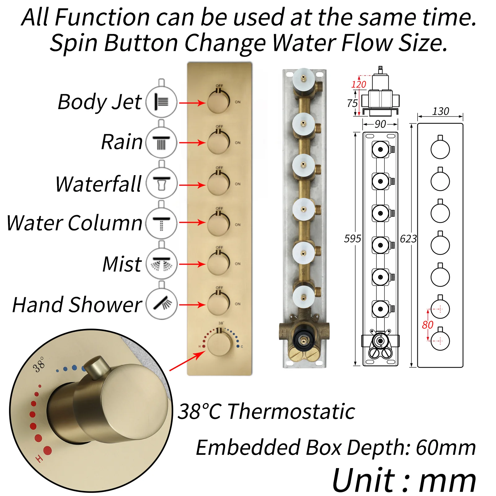 16 inch  flush-mount or ceiling mount rainfall waterfall shower systems 6 way thermostatic valve with 6 body jets and sliding bar and  regular head - Image 19
