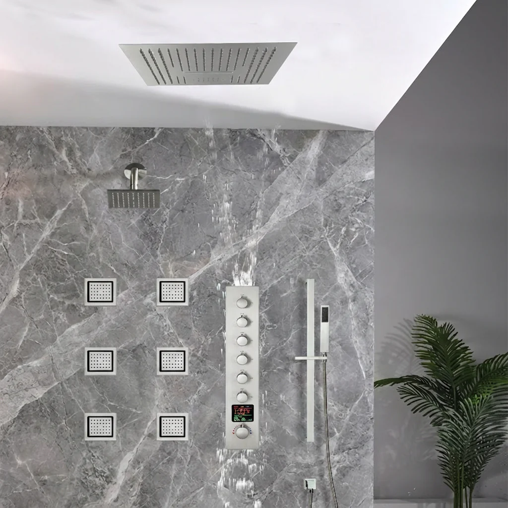 16 inch  flush-mount or ceiling mount rainfall waterfall shower systems 6 way thermostatic valve with 6 body jets and sliding bar and  regular head - Image 2