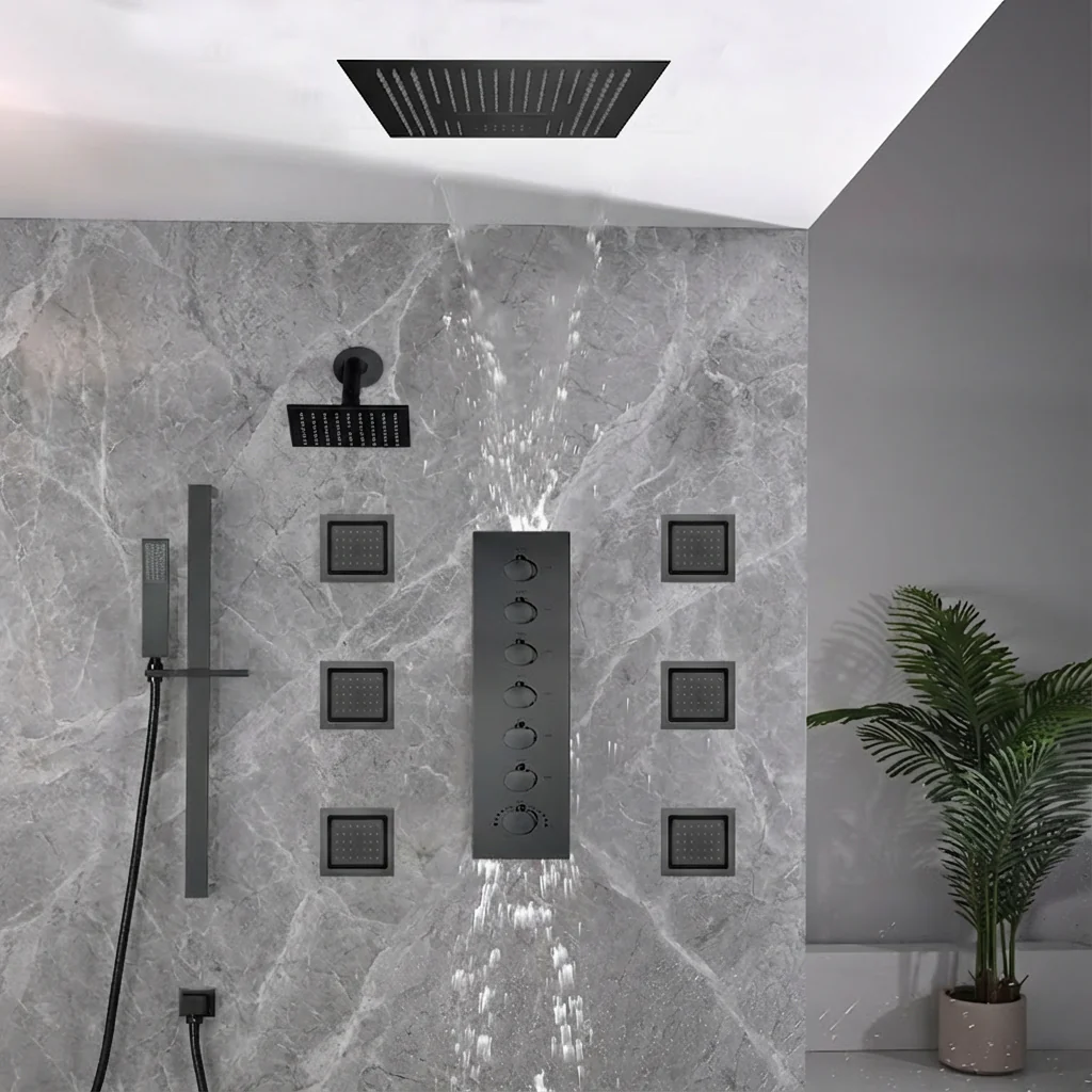 16 inch  flush-mount or ceiling mount rainfall waterfall shower systems 6 way thermostatic valve with 6 body jets and sliding bar and  regular head - Image 21
