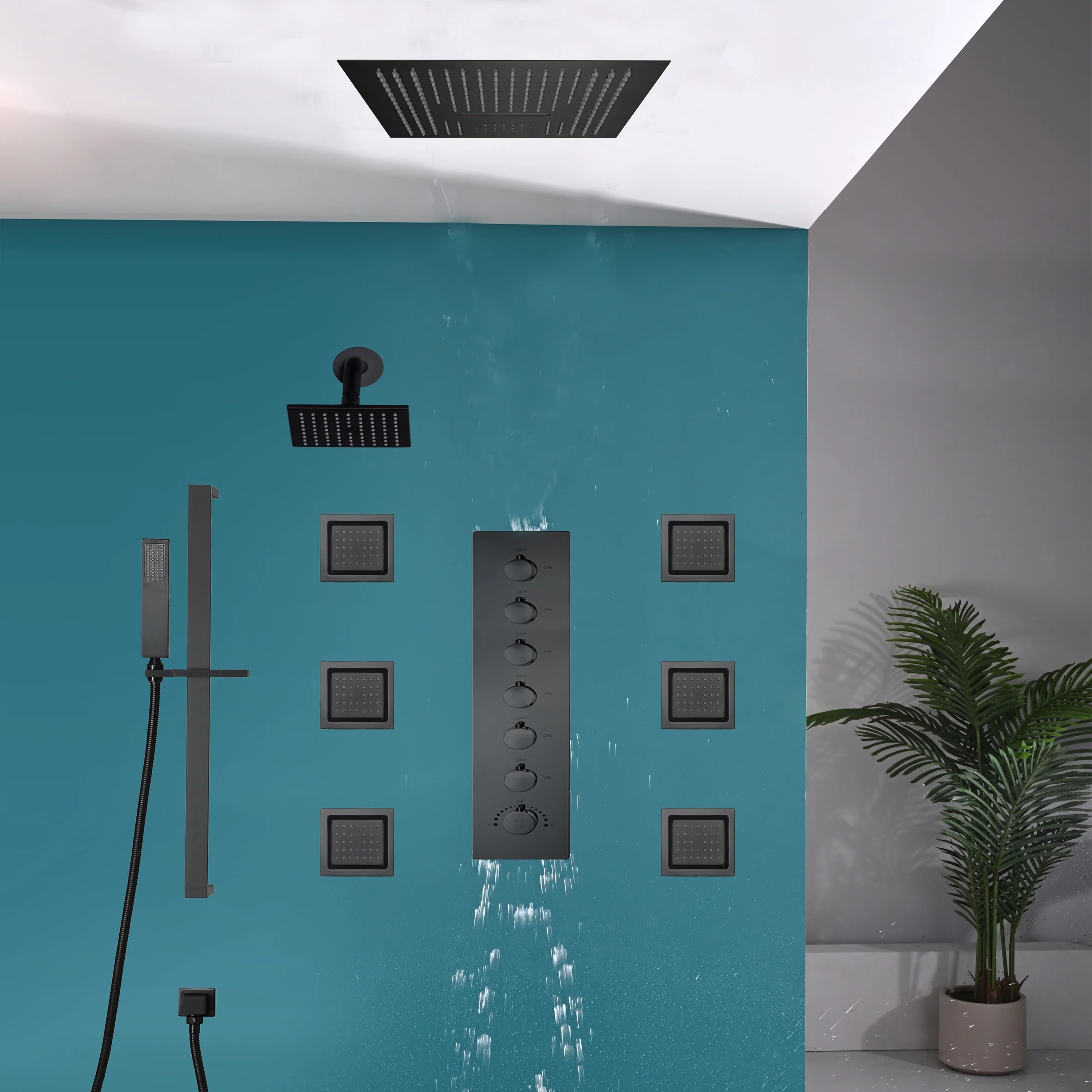 16 inch  flush-mount or ceiling mount rainfall waterfall shower systems 6 way thermostatic valve with 6 body jets and sliding bar and  regular head - Image 22