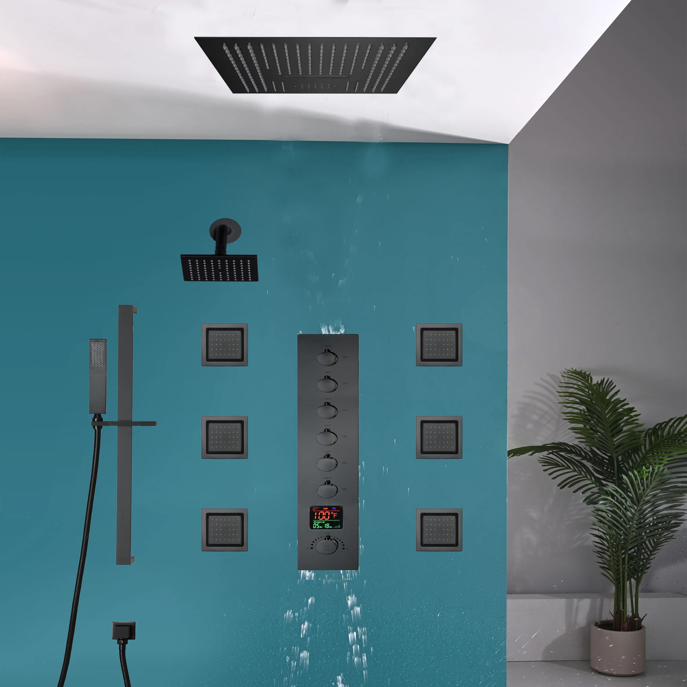 16 inch  flush-mount or ceiling mount rainfall waterfall shower systems 6 way thermostatic valve with 6 body jets and sliding bar and  regular head - Image 23