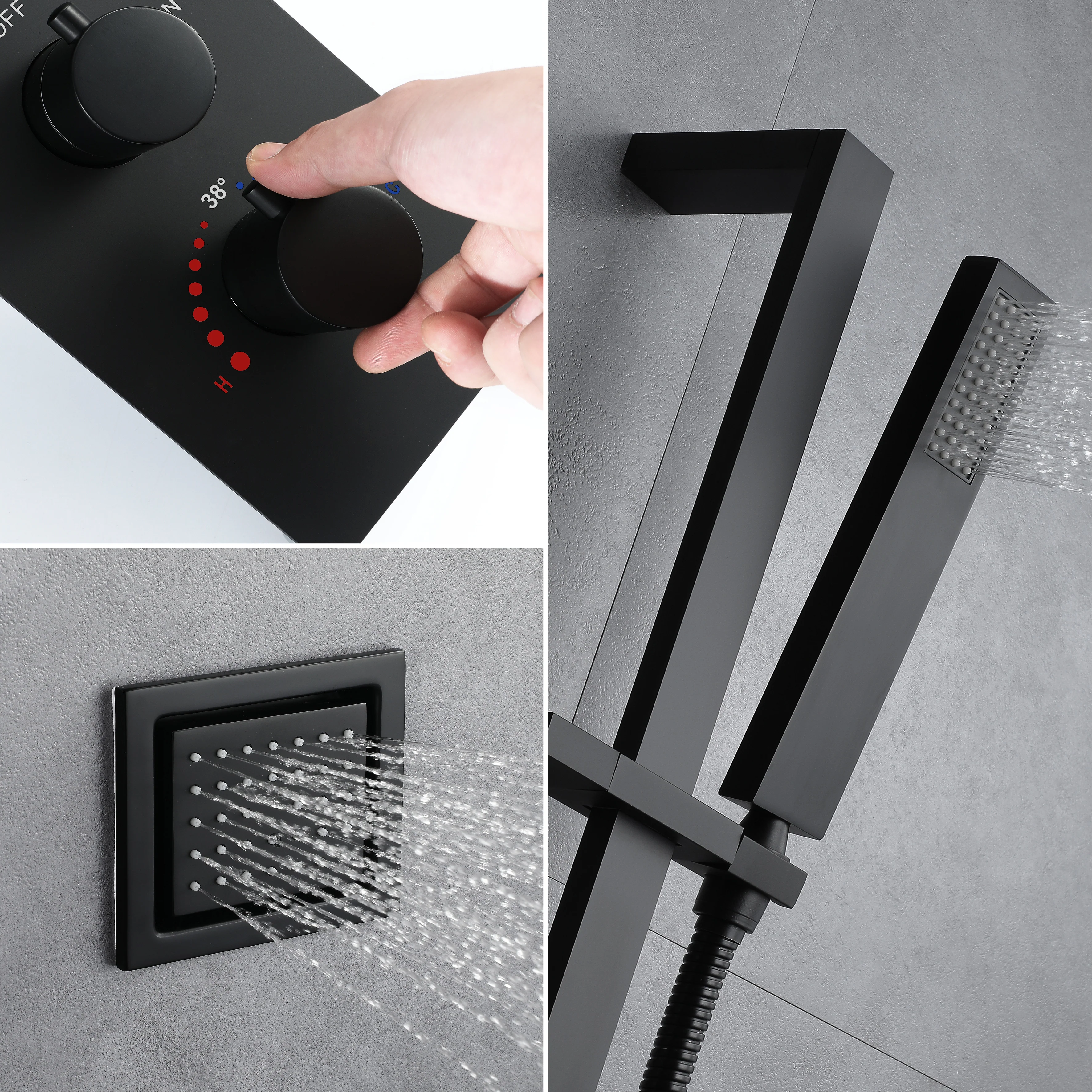 16 inch  flush-mount or ceiling mount rainfall waterfall shower systems 6 way thermostatic valve with 6 body jets and sliding bar and  regular head - Image 27