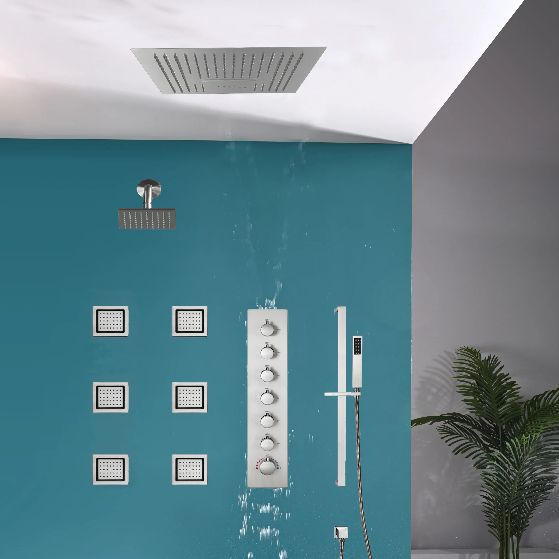 16 inch  flush-mount or ceiling mount rainfall waterfall shower systems 6 way thermostatic valve with 6 body jets and sliding bar and  regular head - Image 3