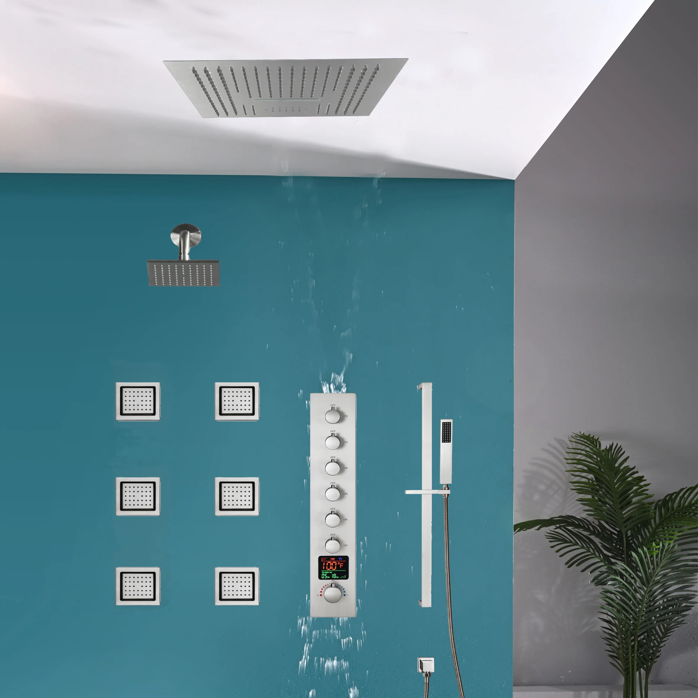 16 inch  flush-mount or ceiling mount rainfall waterfall shower systems 6 way thermostatic valve with 6 body jets and sliding bar and  regular head - Image 4