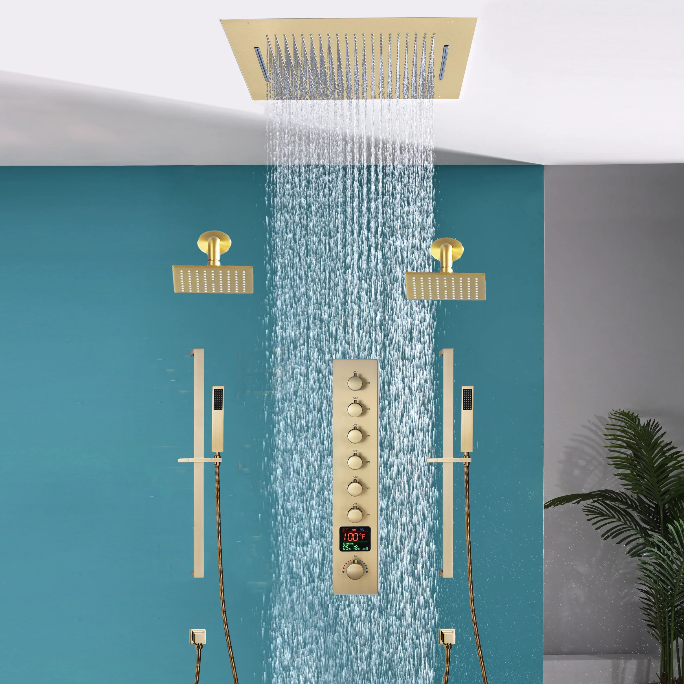 20 inch  flush-mount or ceiling mount rainfall waterfall shower systems 6 way thermostatic valve with Dual sliding bars and Dual regular heads - Image 20