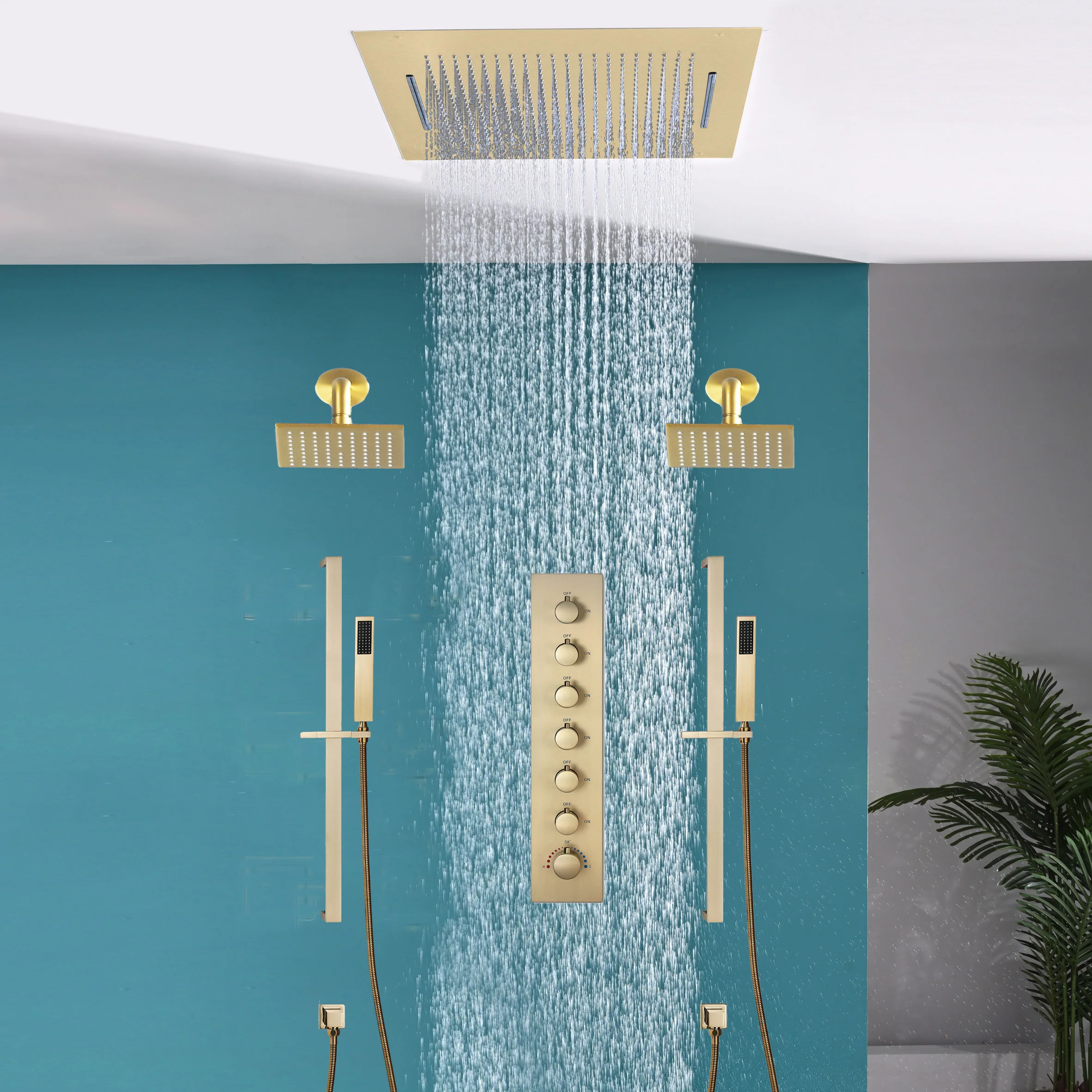 20 inch  flush-mount or ceiling mount rainfall waterfall shower systems 6 way thermostatic valve with Dual sliding bars and Dual regular heads - Image 21