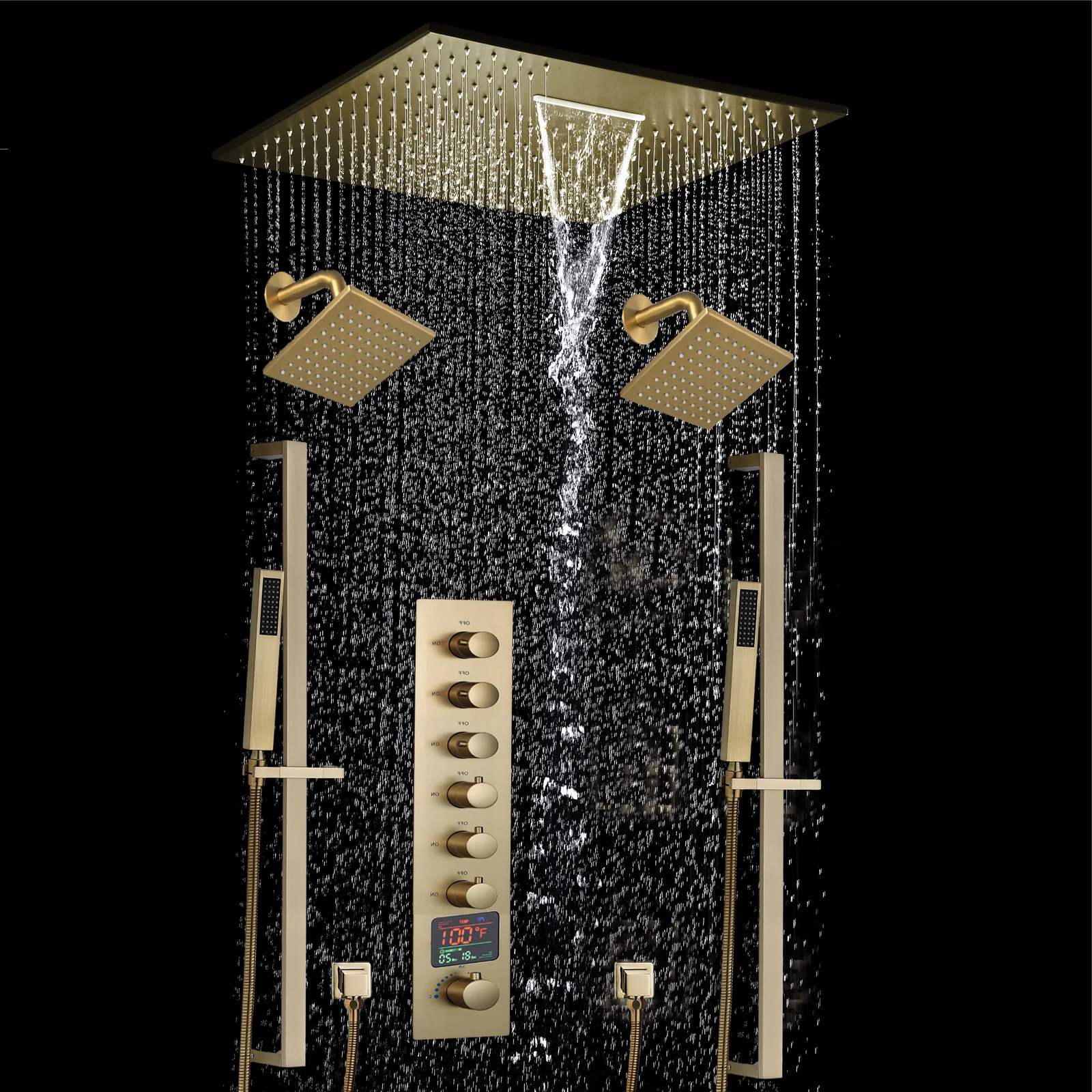 20 inch  flush-mount or ceiling mount rainfall waterfall shower systems 6 way thermostatic valve with Dual sliding bars and Dual regular heads - Image 22