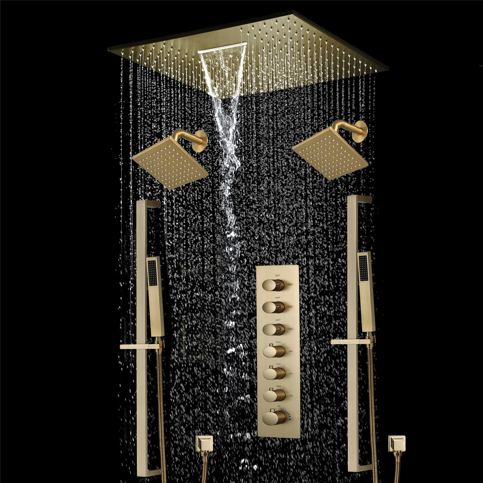20 inch  flush-mount or ceiling mount rainfall waterfall shower systems 6 way thermostatic valve with Dual sliding bars and Dual regular heads - Image 23