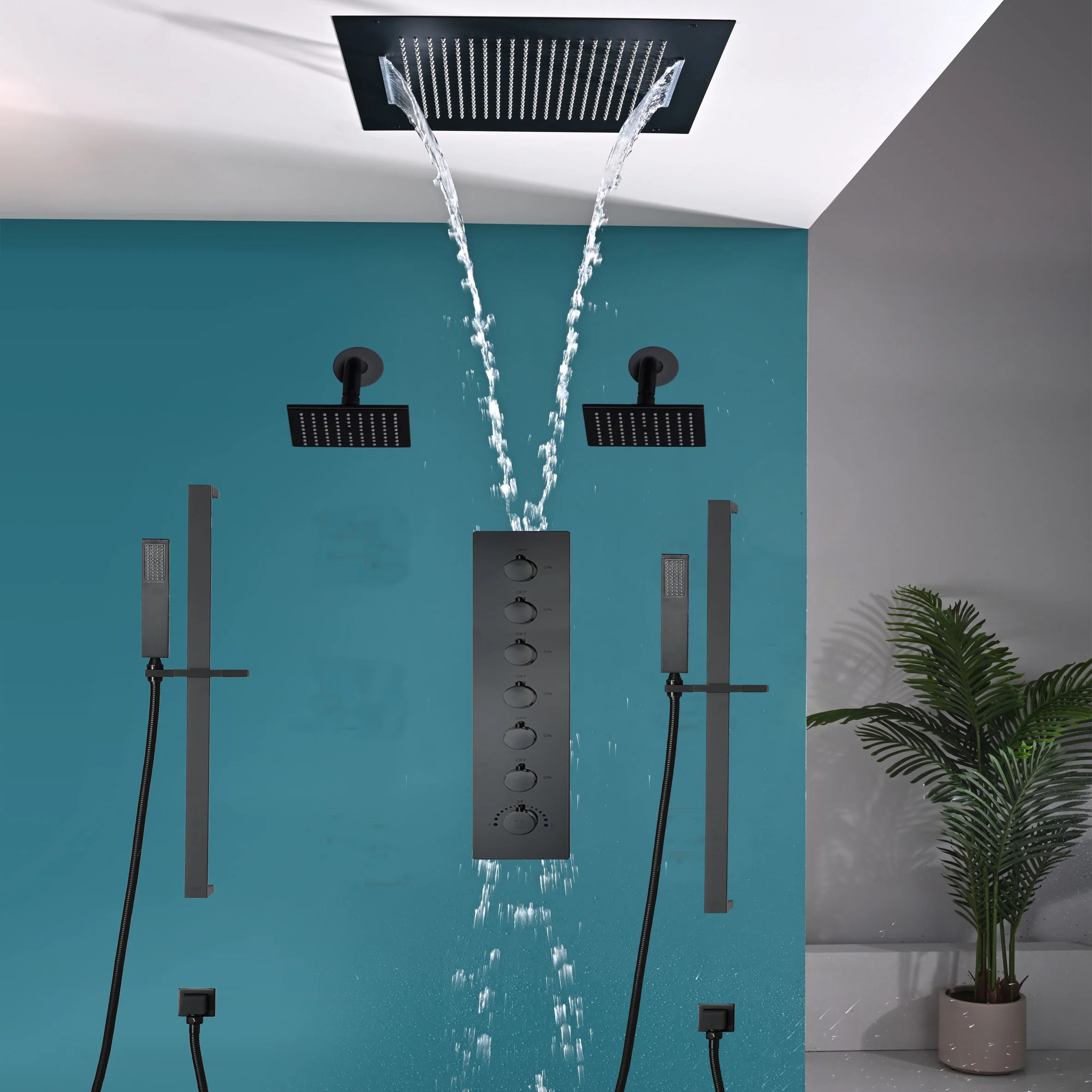 20 inch  flush-mount or ceiling mount rainfall waterfall shower systems 6 way thermostatic valve with Dual sliding bars and Dual regular heads - Image 24