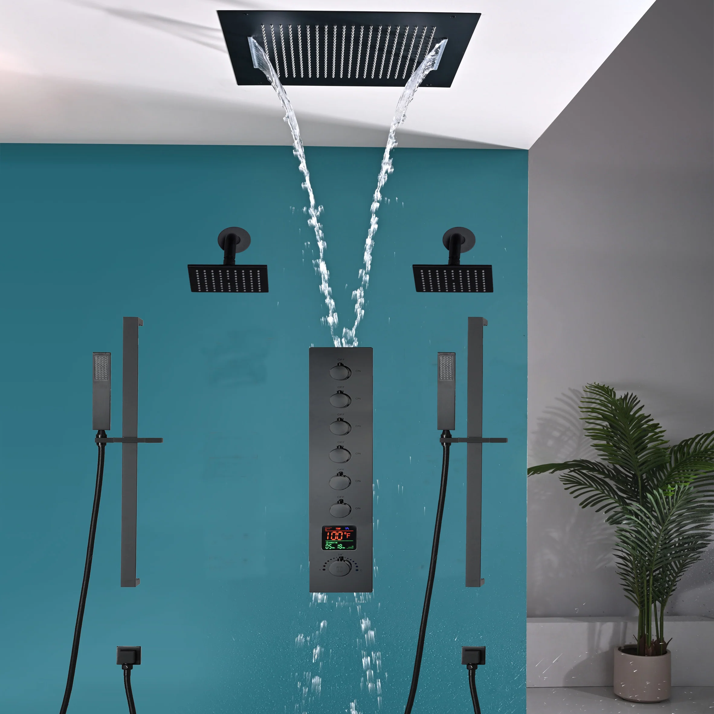 20 inch  flush-mount or ceiling mount rainfall waterfall shower systems 6 way thermostatic valve with Dual sliding bars and Dual regular heads - Image 25