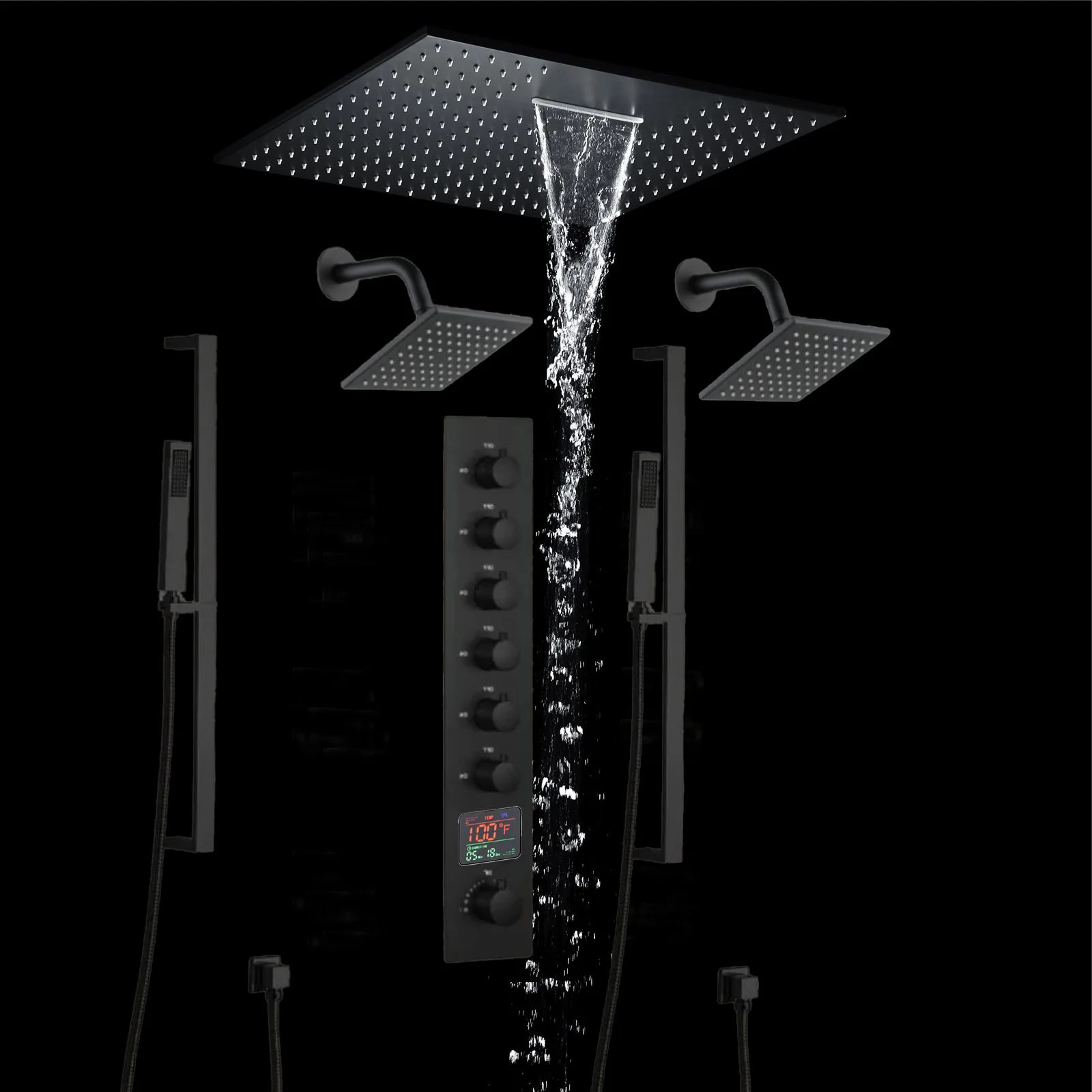 20 inch  flush-mount or ceiling mount rainfall waterfall shower systems 6 way thermostatic valve with Dual sliding bars and Dual regular heads - Image 26