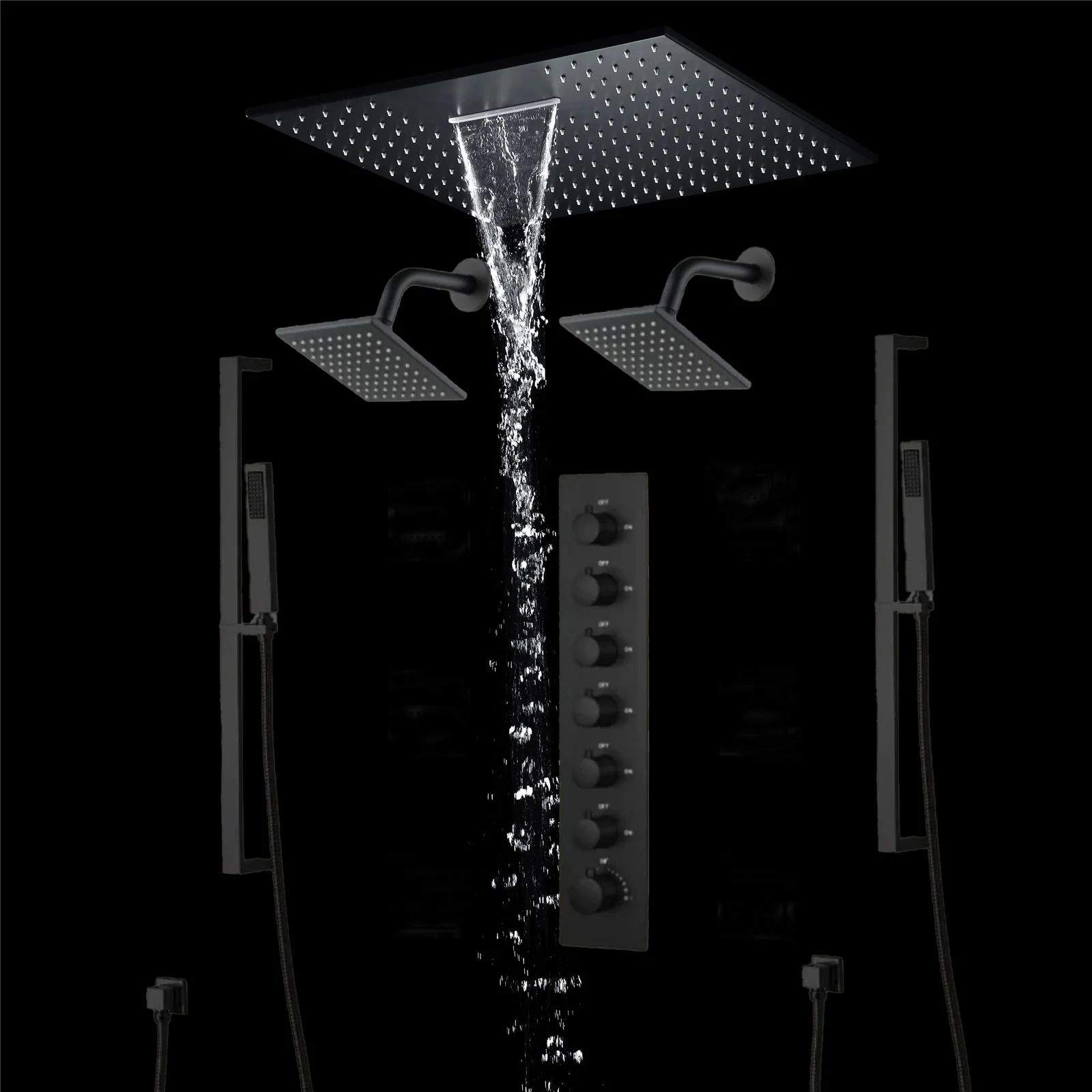 20 inch  flush-mount or ceiling mount rainfall waterfall shower systems 6 way thermostatic valve with Dual sliding bars and Dual regular heads - Image 27