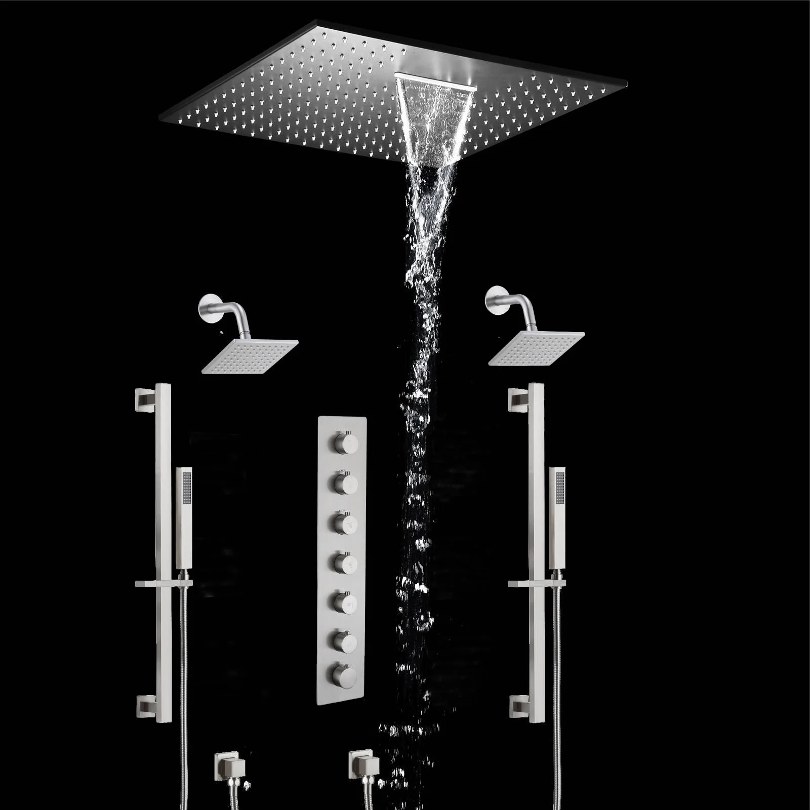 20 inch  flush-mount or ceiling mount rainfall waterfall shower systems 6 way thermostatic valve with Dual sliding bars and Dual regular heads - Image 3