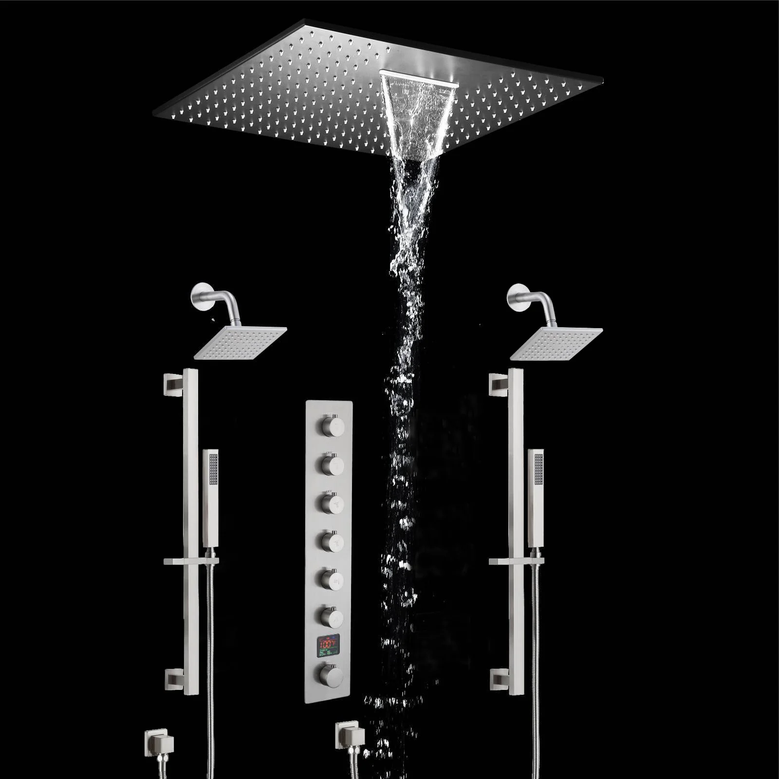 20 inch  flush-mount or ceiling mount rainfall waterfall shower systems 6 way thermostatic valve with Dual sliding bars and Dual regular heads - Image 4