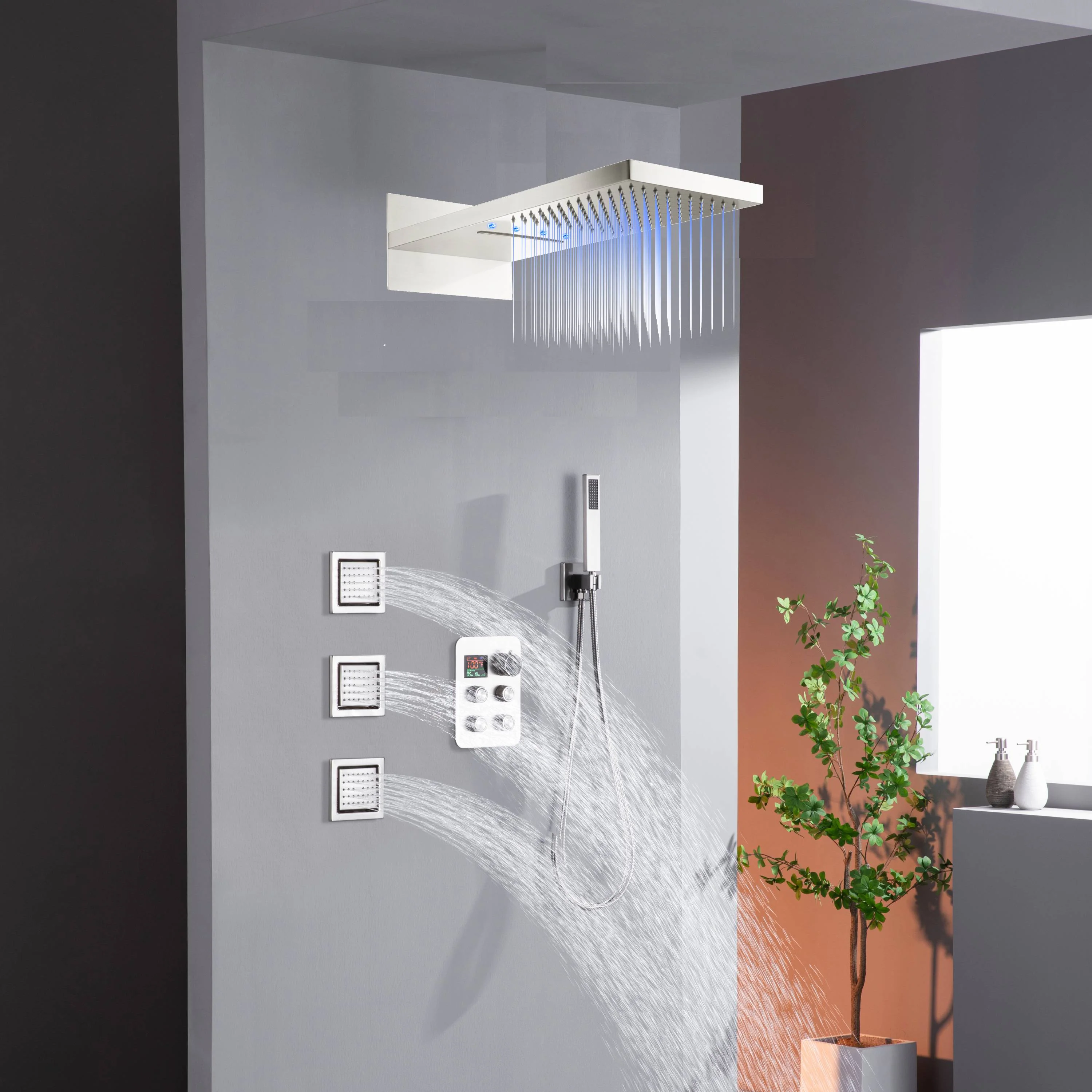 Wall Mount 22-Inch Rainfall Waterfall Shower Head with 4-Way Digital Display and Body Jets - Image 2